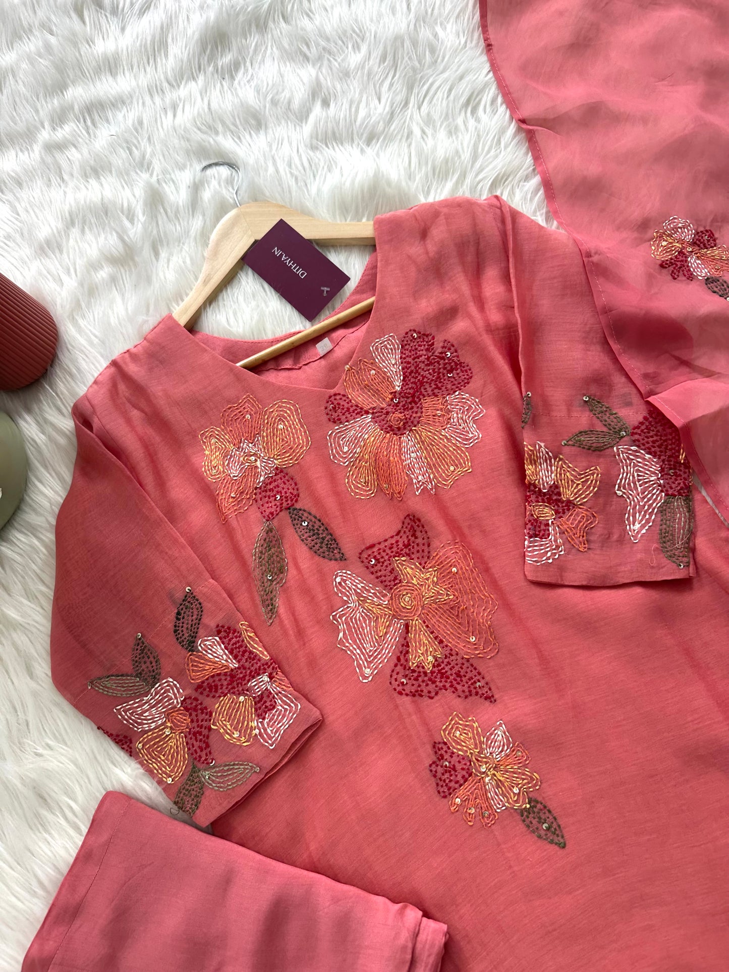 K261 - Mul Chanderi Embroidered Aline Kurti with pants and dupatta