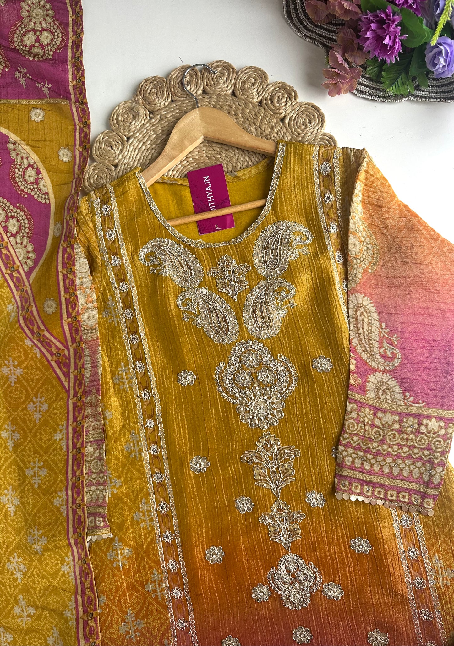 K004 - Crushed tissue handwork Aline Kurti with pants and dupatta