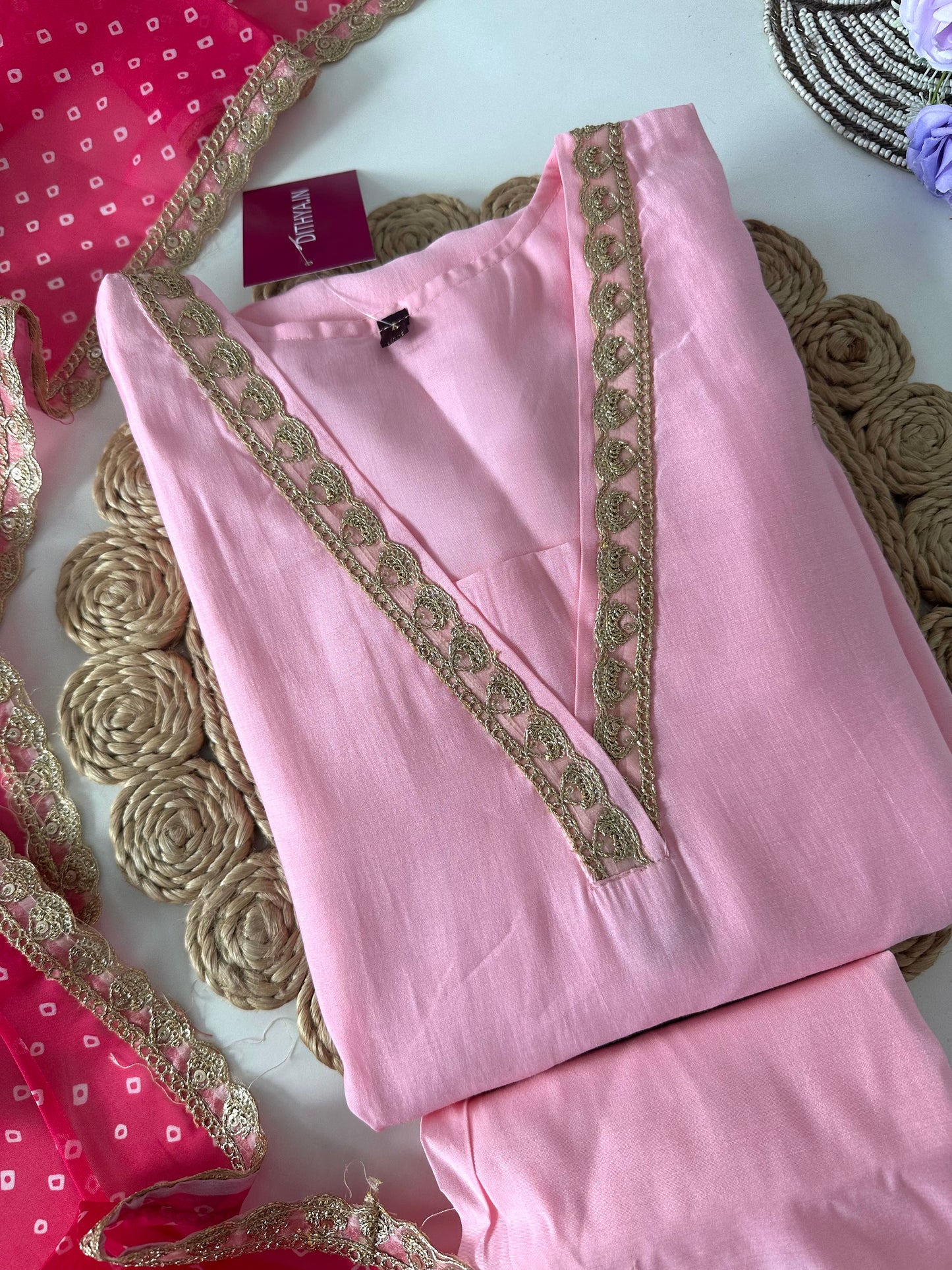 D046 -Roman silk straight kurti with pants and dupatta