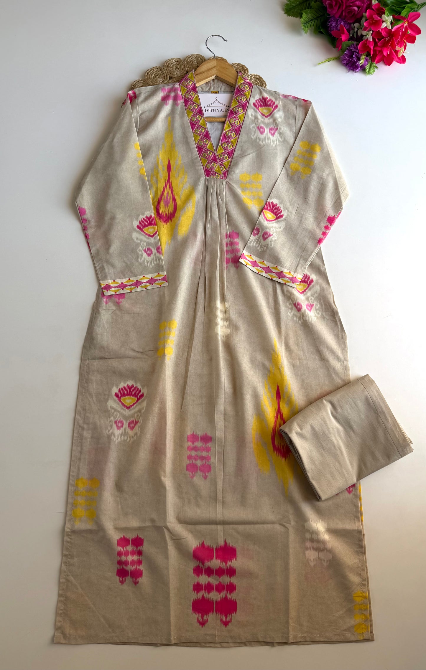 K239 - Mul cotton ikkat Aline Kurti with pants