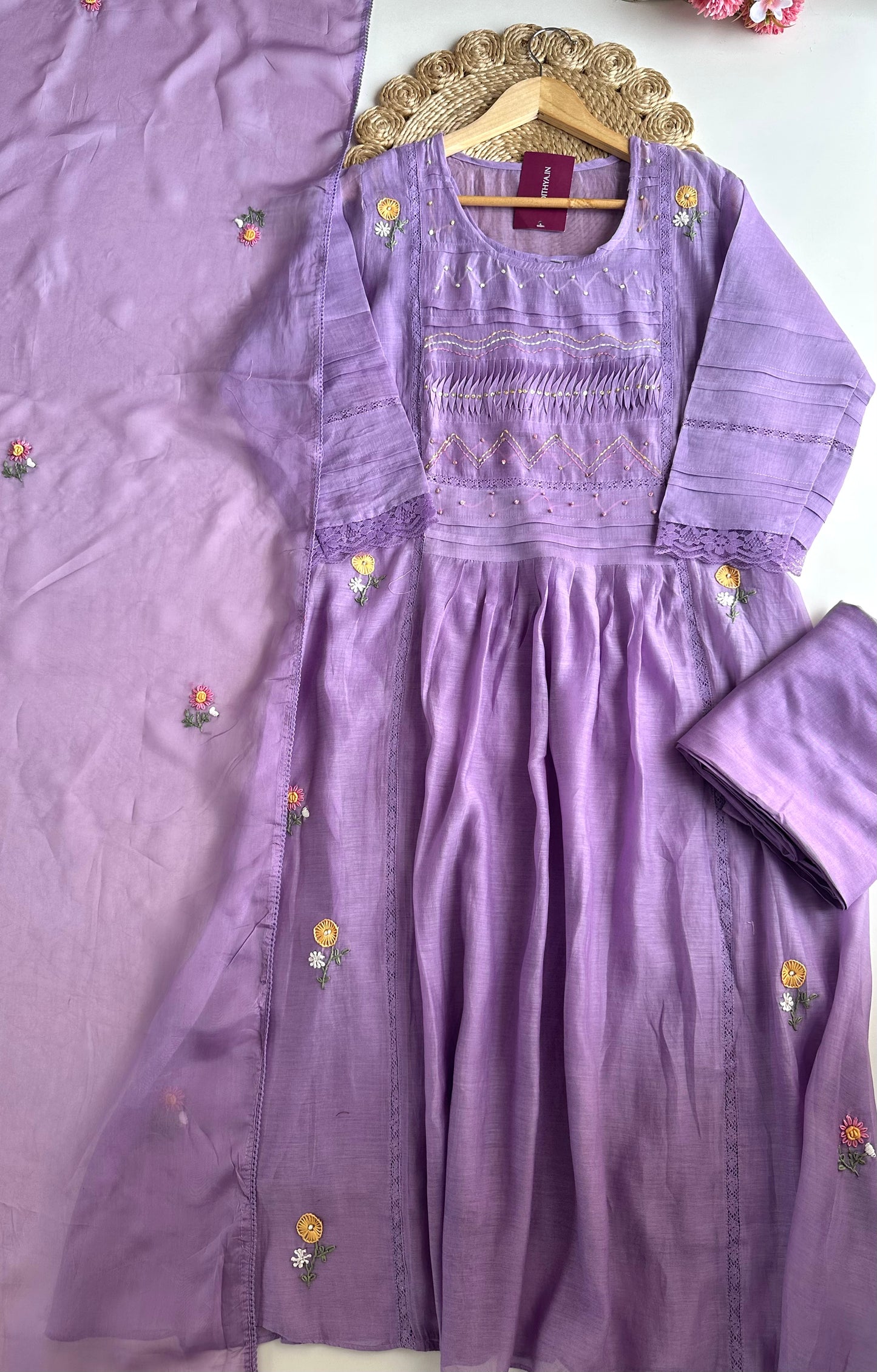 K043 - Mul chanderi embroidered Aline Kurti with pants and dupatta