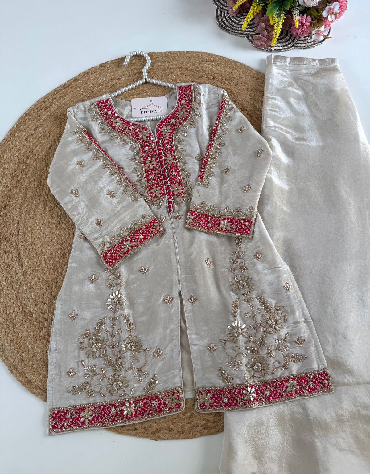 K225 - Tissue silk gota handwork short Kurti with divider pants