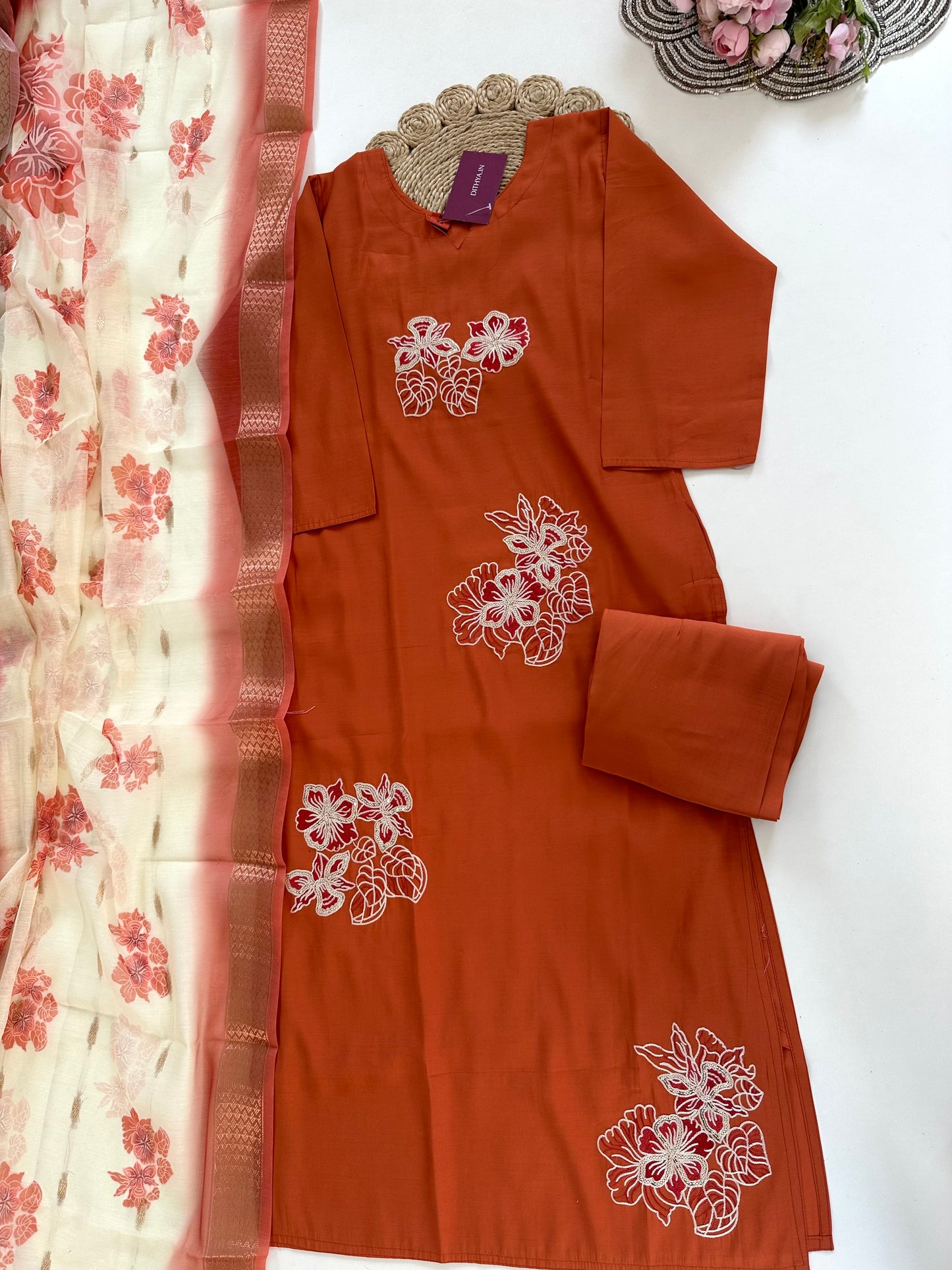 K218 - Roman silk thread work straight Kurti with pants and dupatta in 2 colours