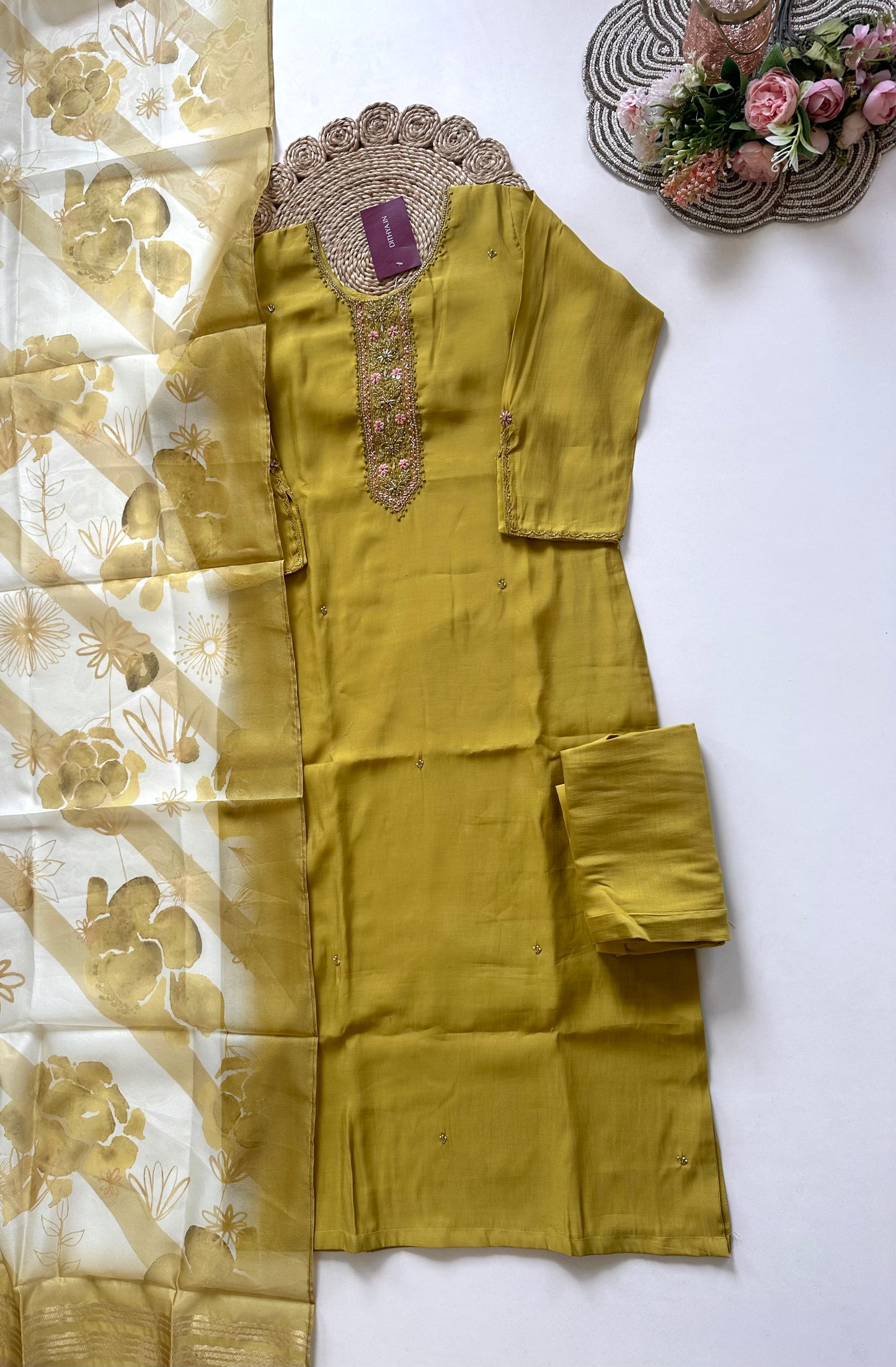 K198 - Roman silk handwork straight kurti with pants and dupatta in 2 colours.