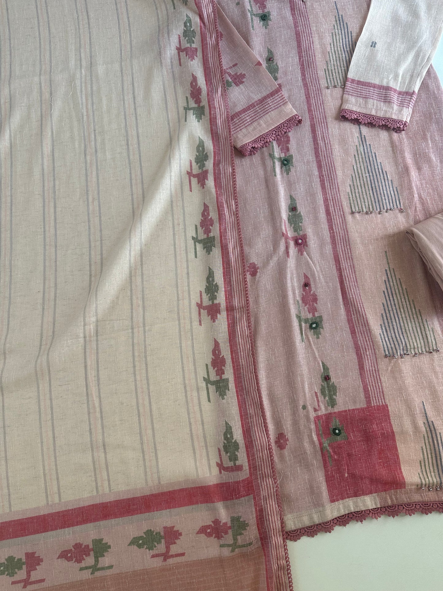 K543 - Linen embroidered straight Kurti with pants and dupatta