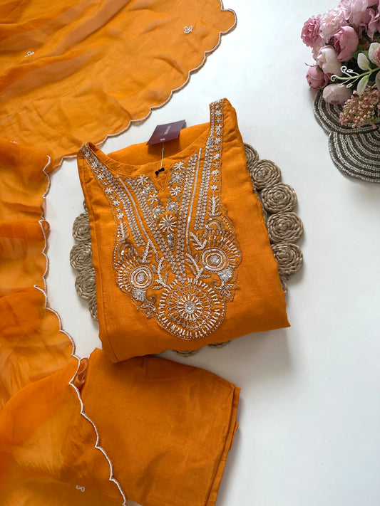 K097 - Russian silk handwork Anarkali with pants and dupatta