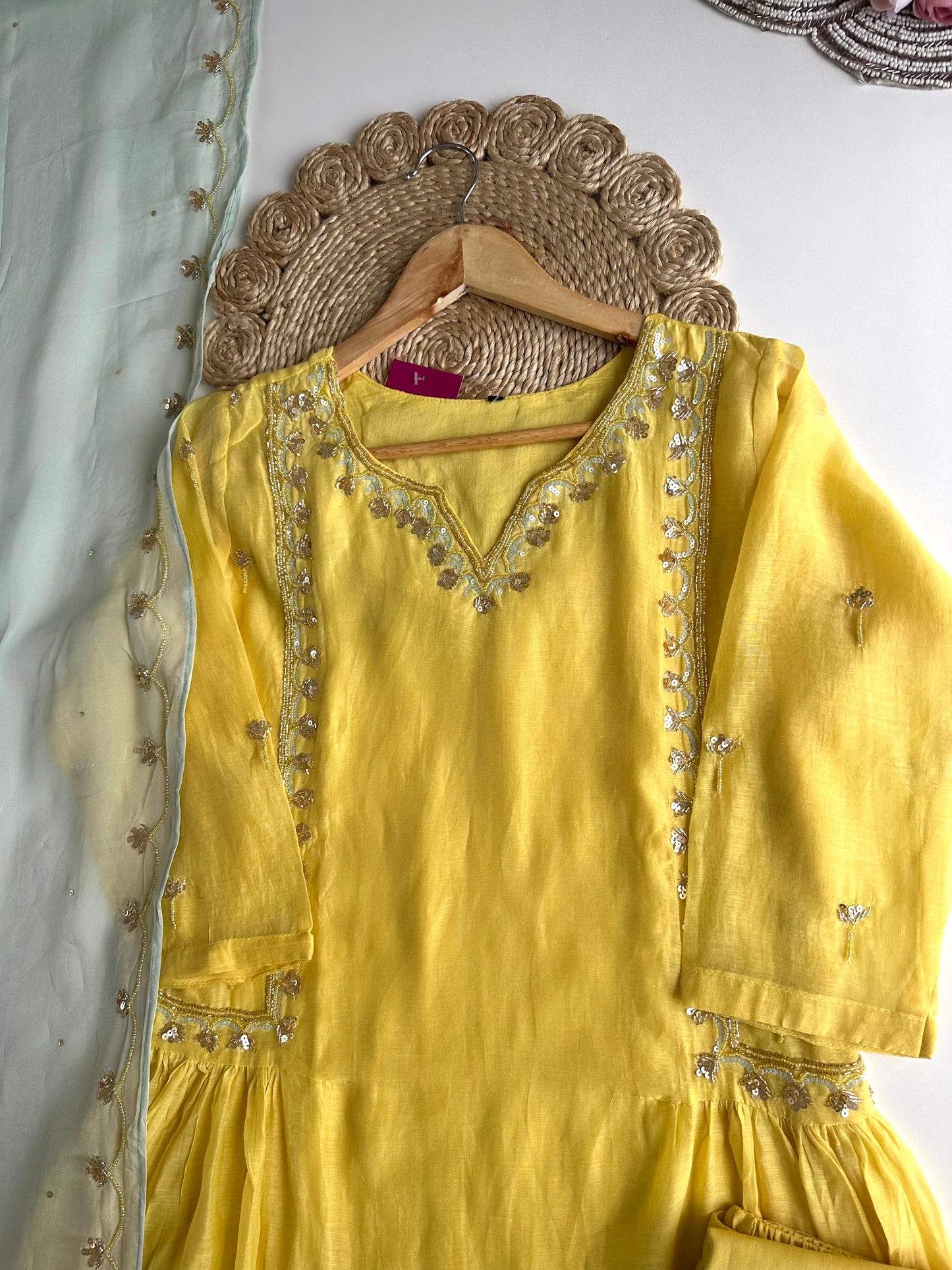 K360 - Mul Chanderi handwork Aline Kurti with pants and dupatta