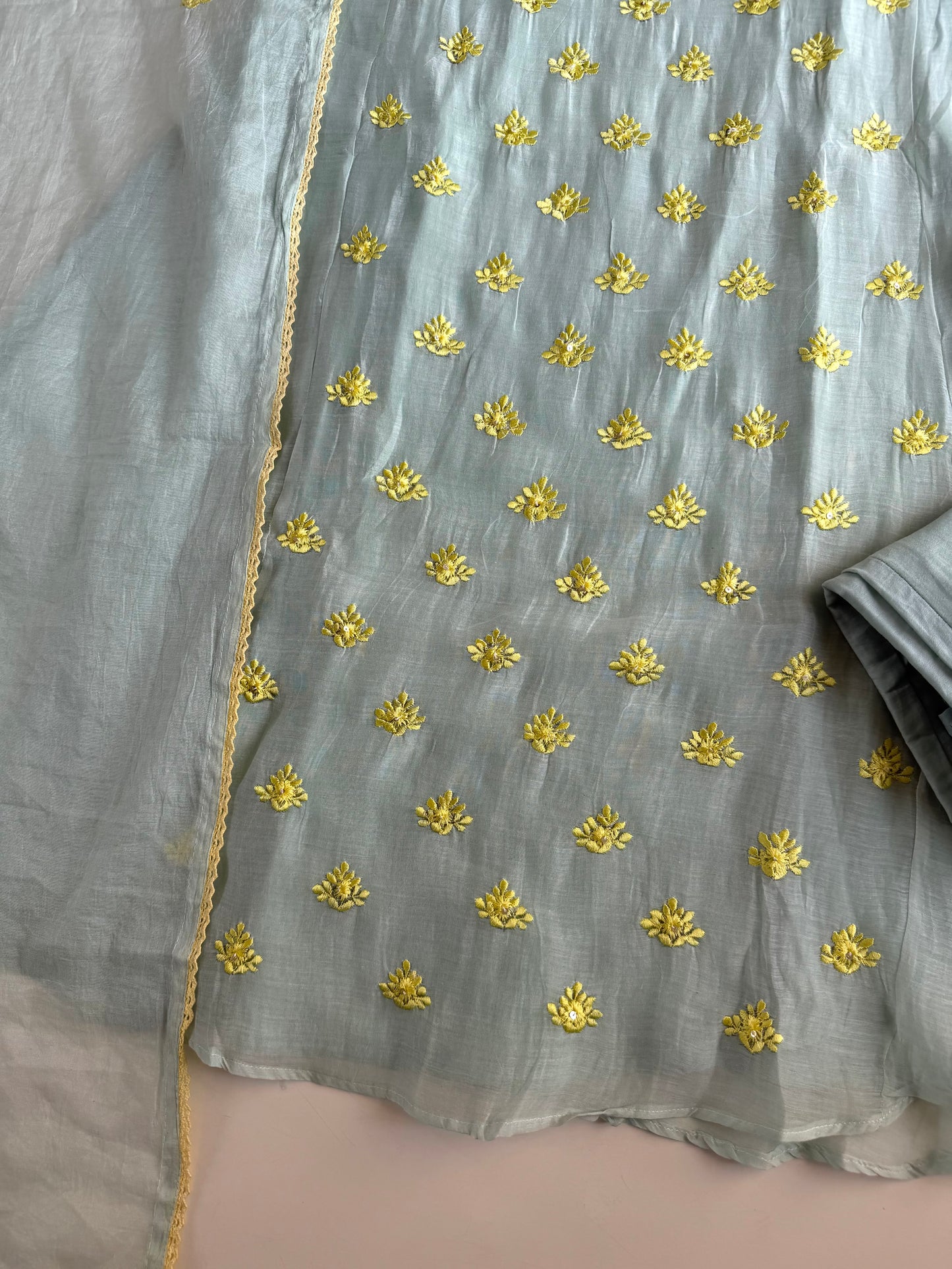 K679 - Mul chanderi embroidered Aline Kurti with pants and dupatta