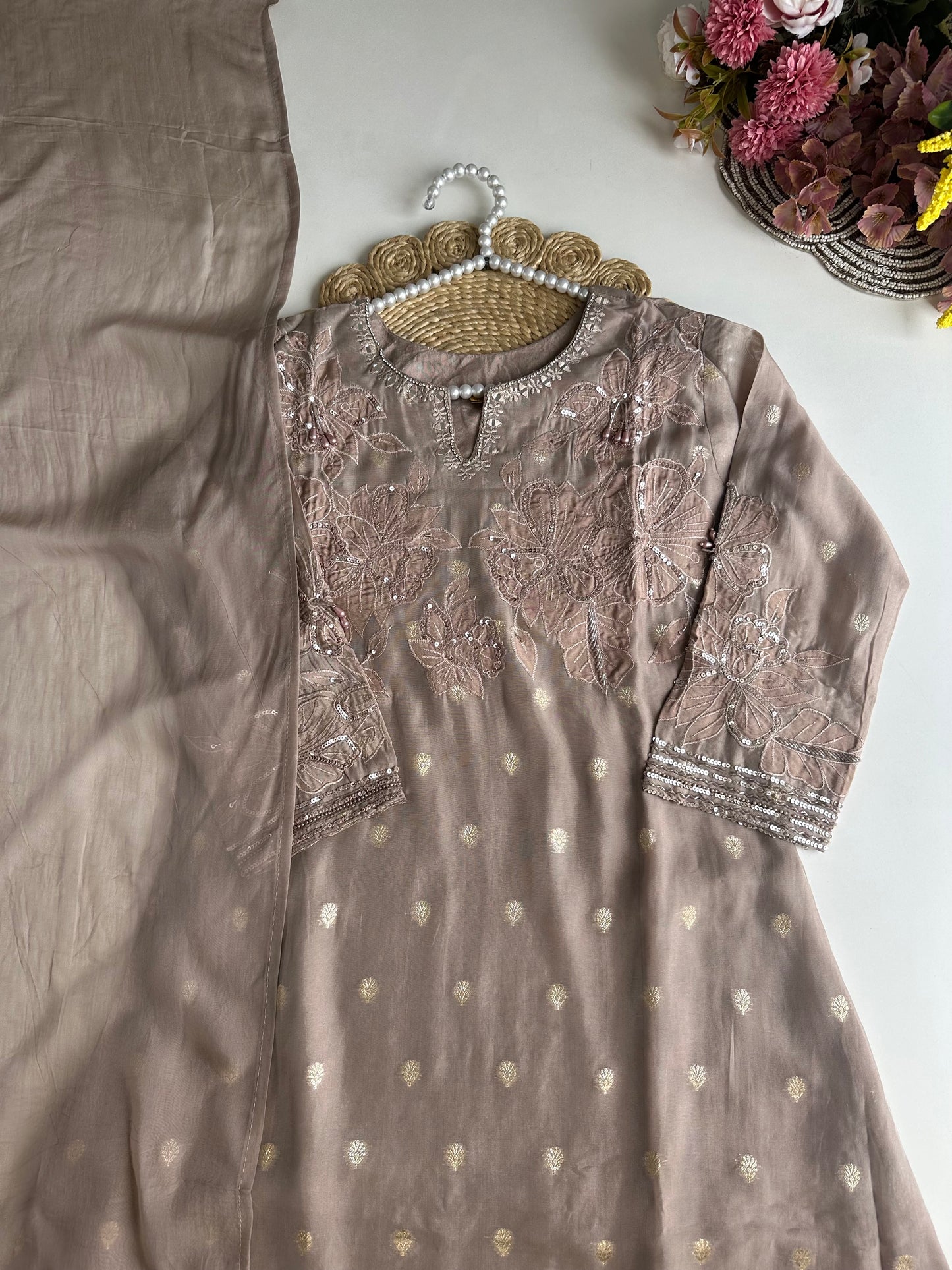 K455 - Organza handwork Aline Kurti with pants and dupatta