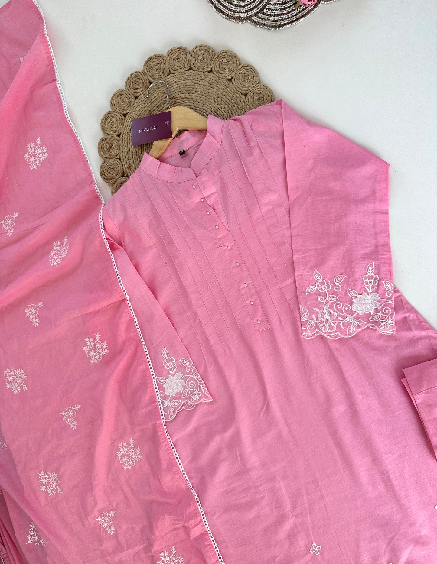 K089 - Mulmul cotton embroidered Anarkali with pants and dupatta in 2 colours