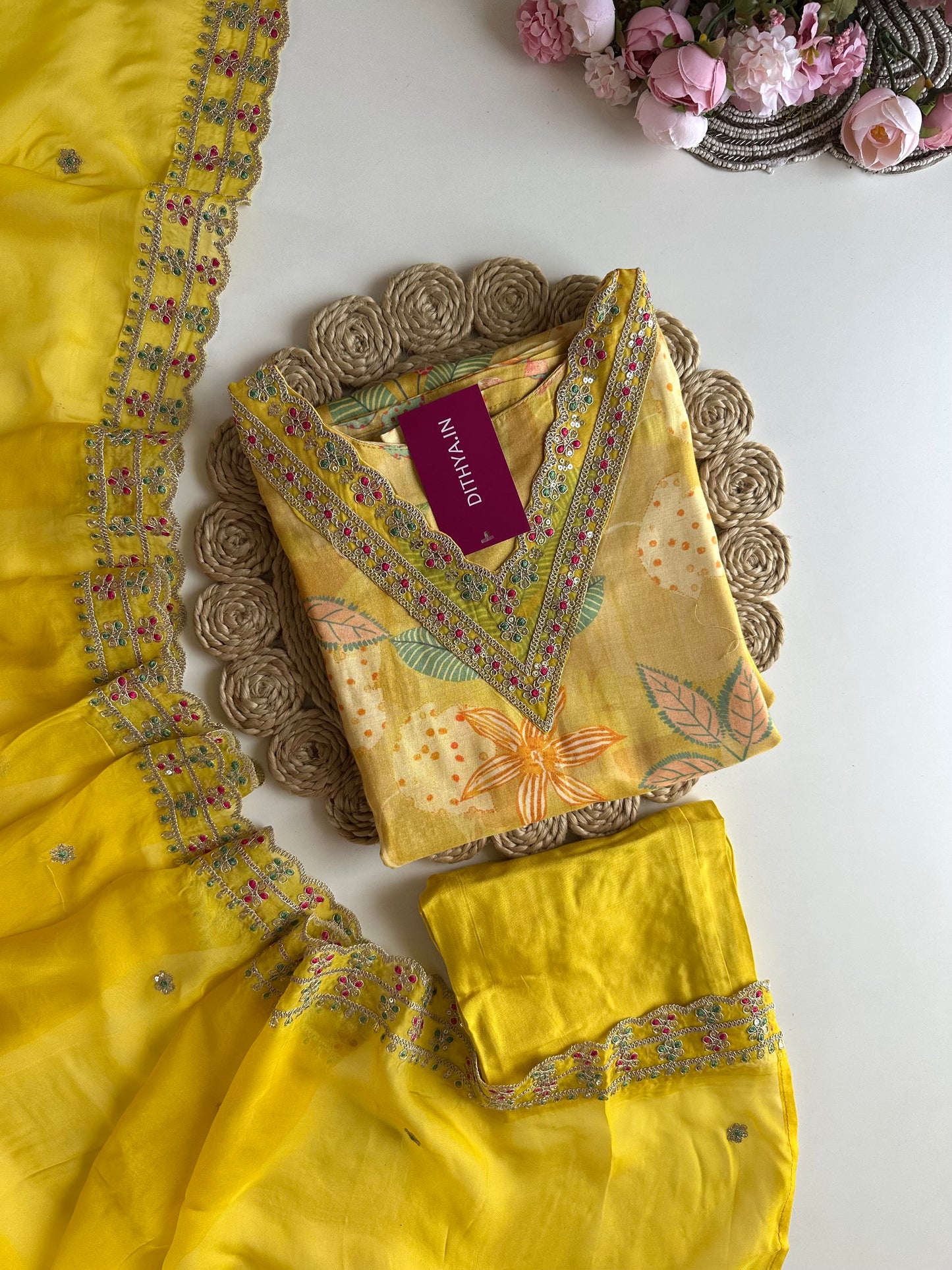 K019 - Viscose organza zari work straight Kurti with pants and dupatta