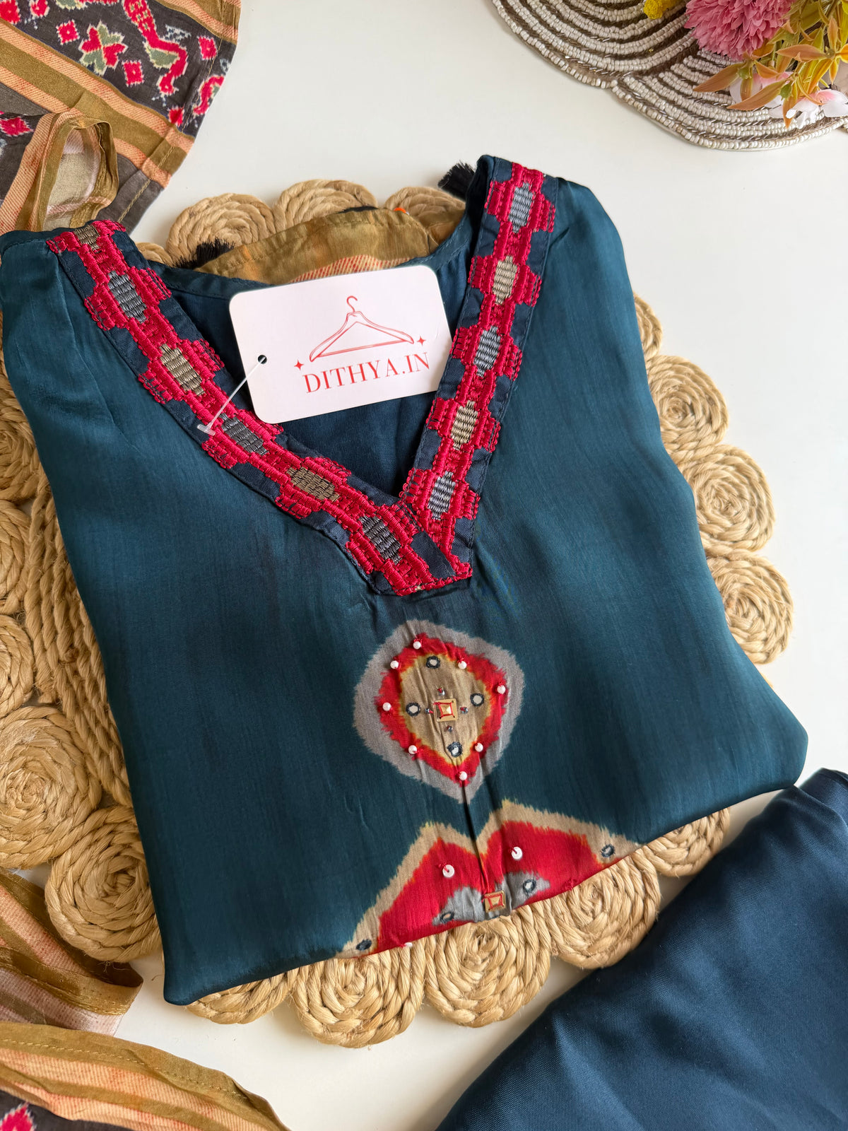 K044 - Pure crape handwork ajrakh straight Kurti with pants and dupatta