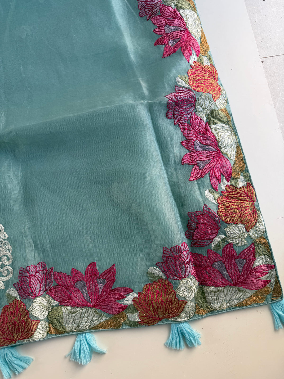 S020 - Soft organza appliqué embroidered saree in 3 colours