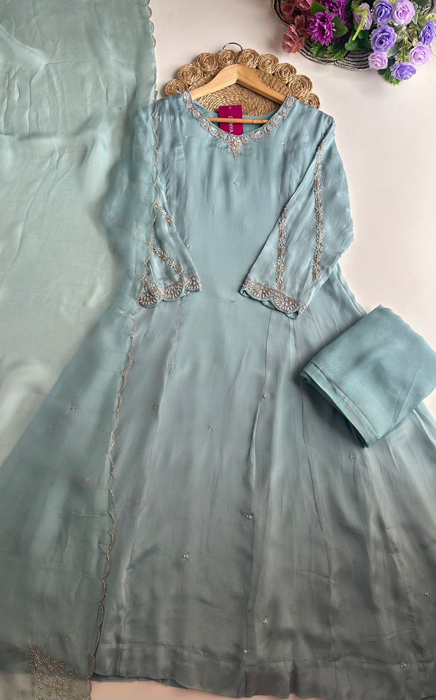 K019 - Chinnon heavy handwork Anarkali with pants and dupatta