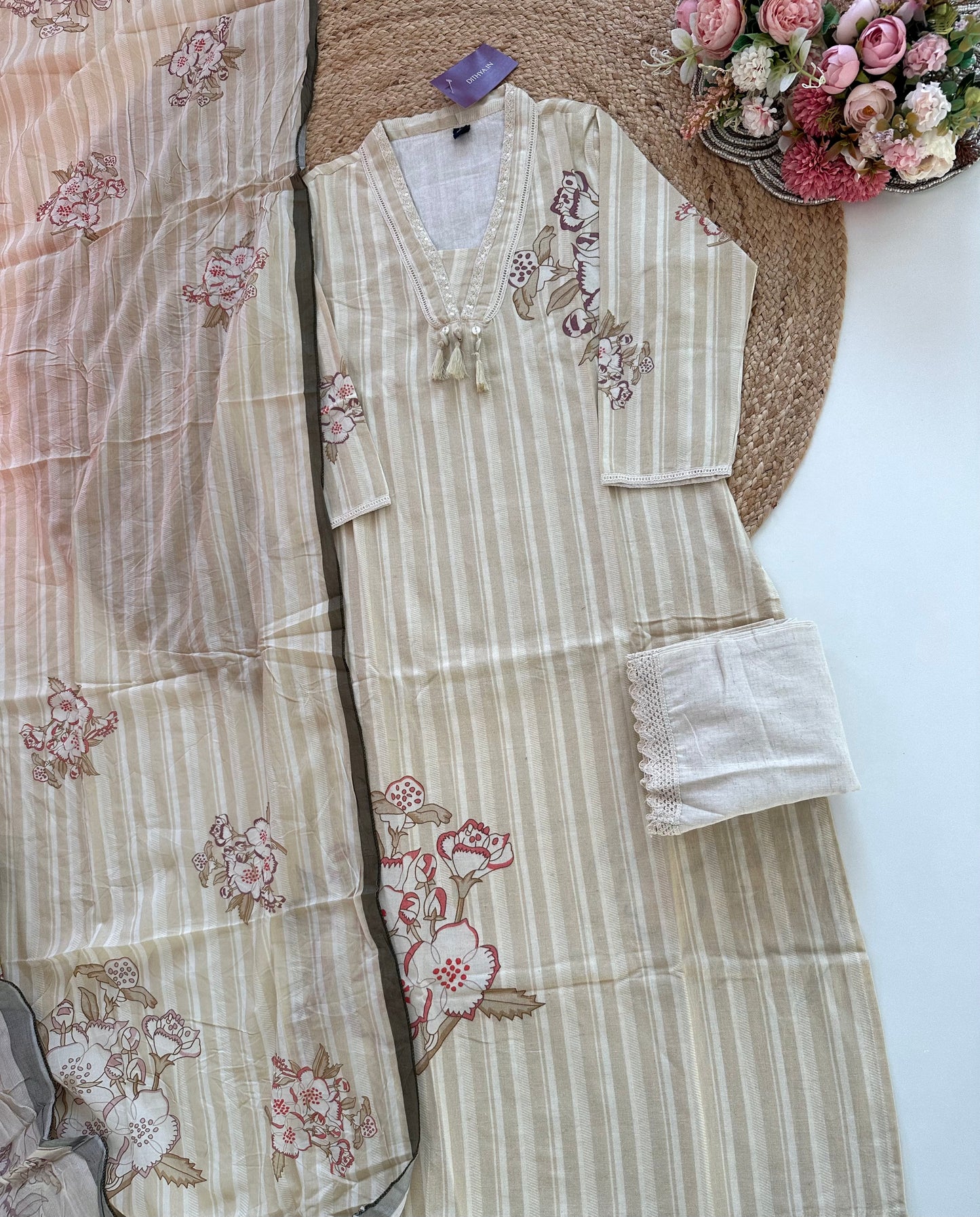 K264 - Cotton Collar neck straight kurti with pants and dupatta
