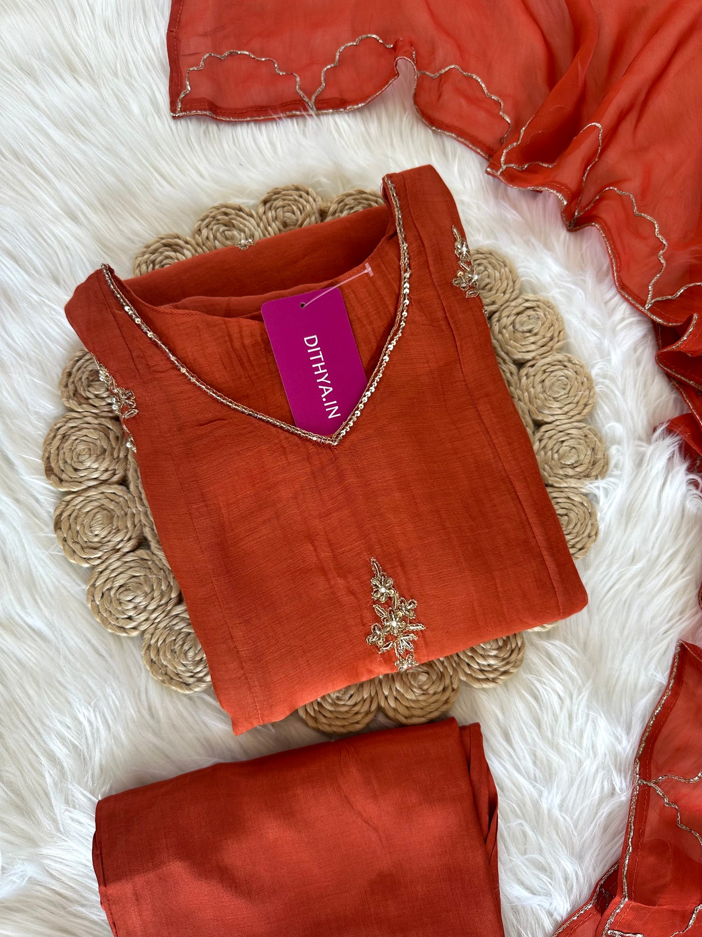 K086 - Mul Chanderi handwork Aline Kurti with pants and dupatta