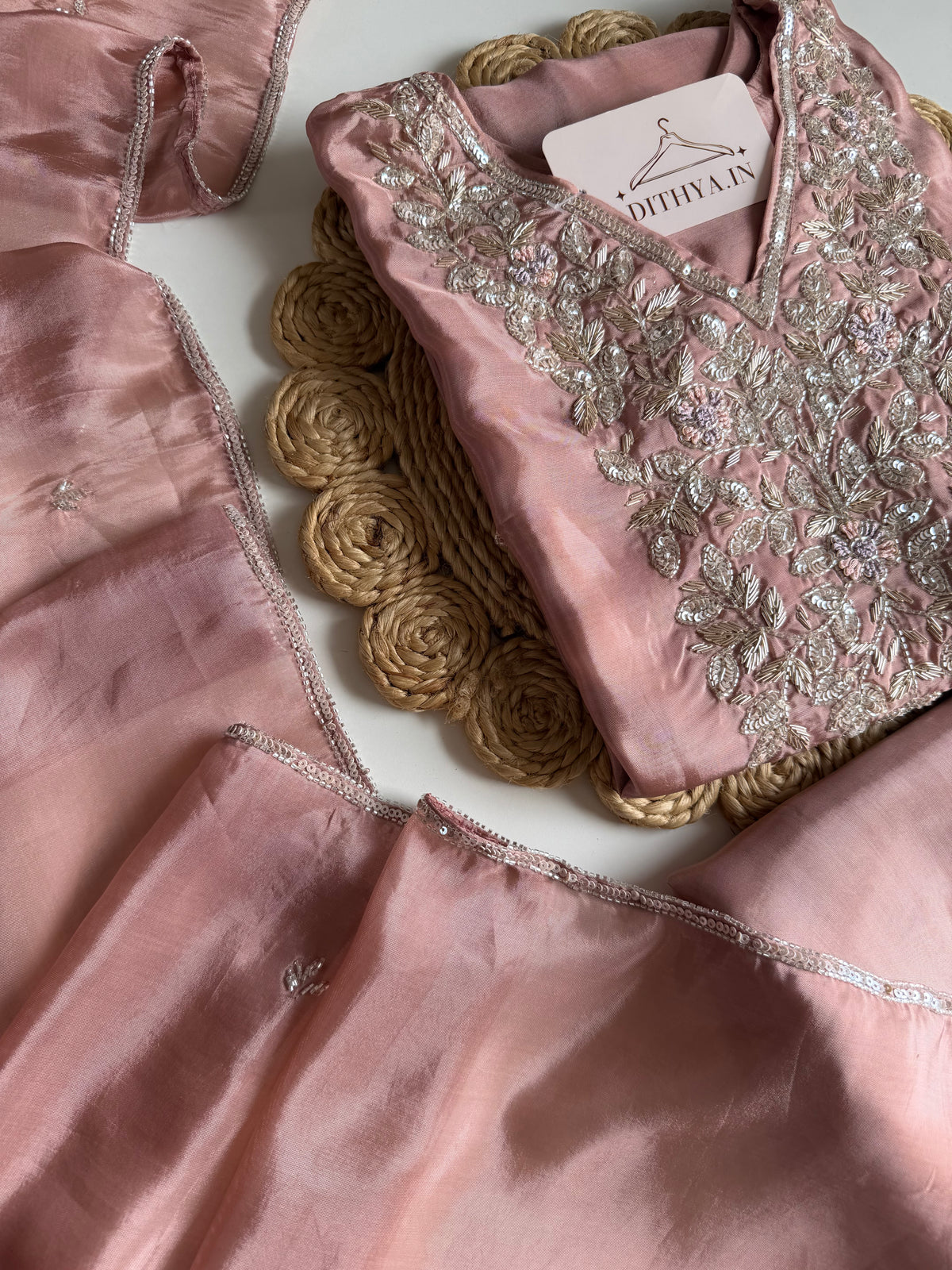K597 - HO silk handwork Aline Kurti with pants and dupatta