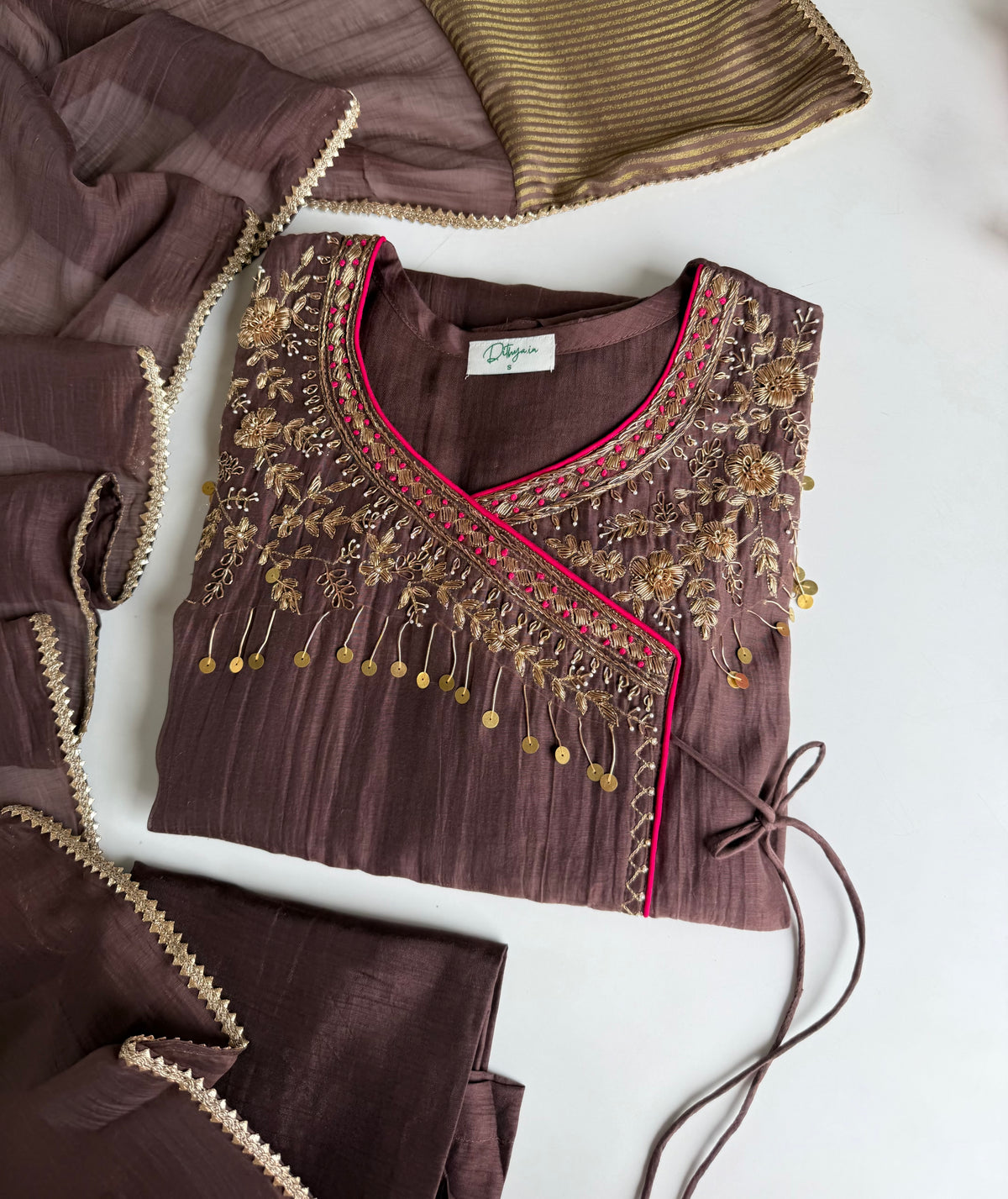 K156 - Pure Banarasi Mul chanderi handwork angrakha Aline Kurti with pants and dupatta