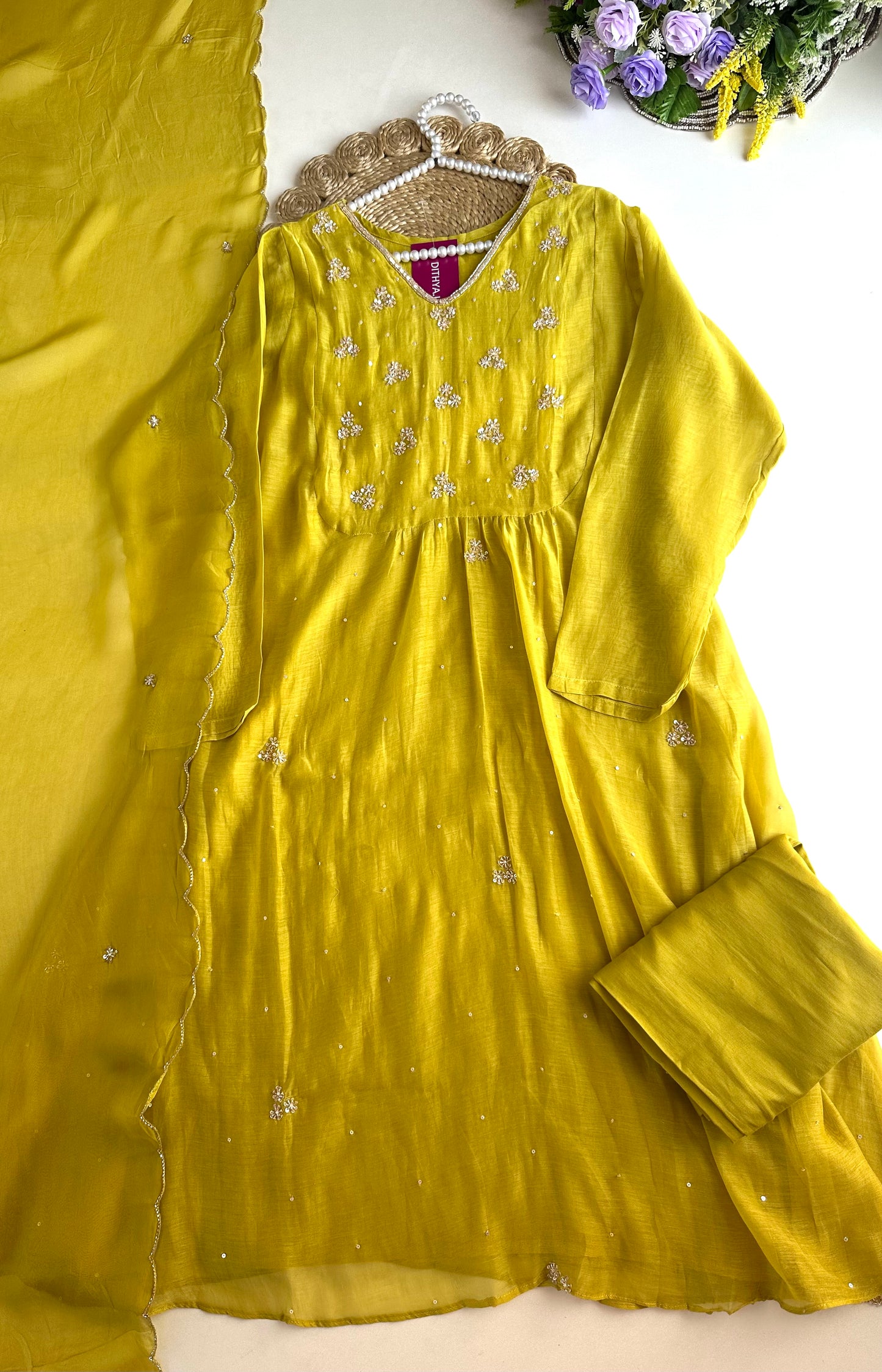 K097 - Mul Chanderi handwork Aline Kurti with pants and dupatta