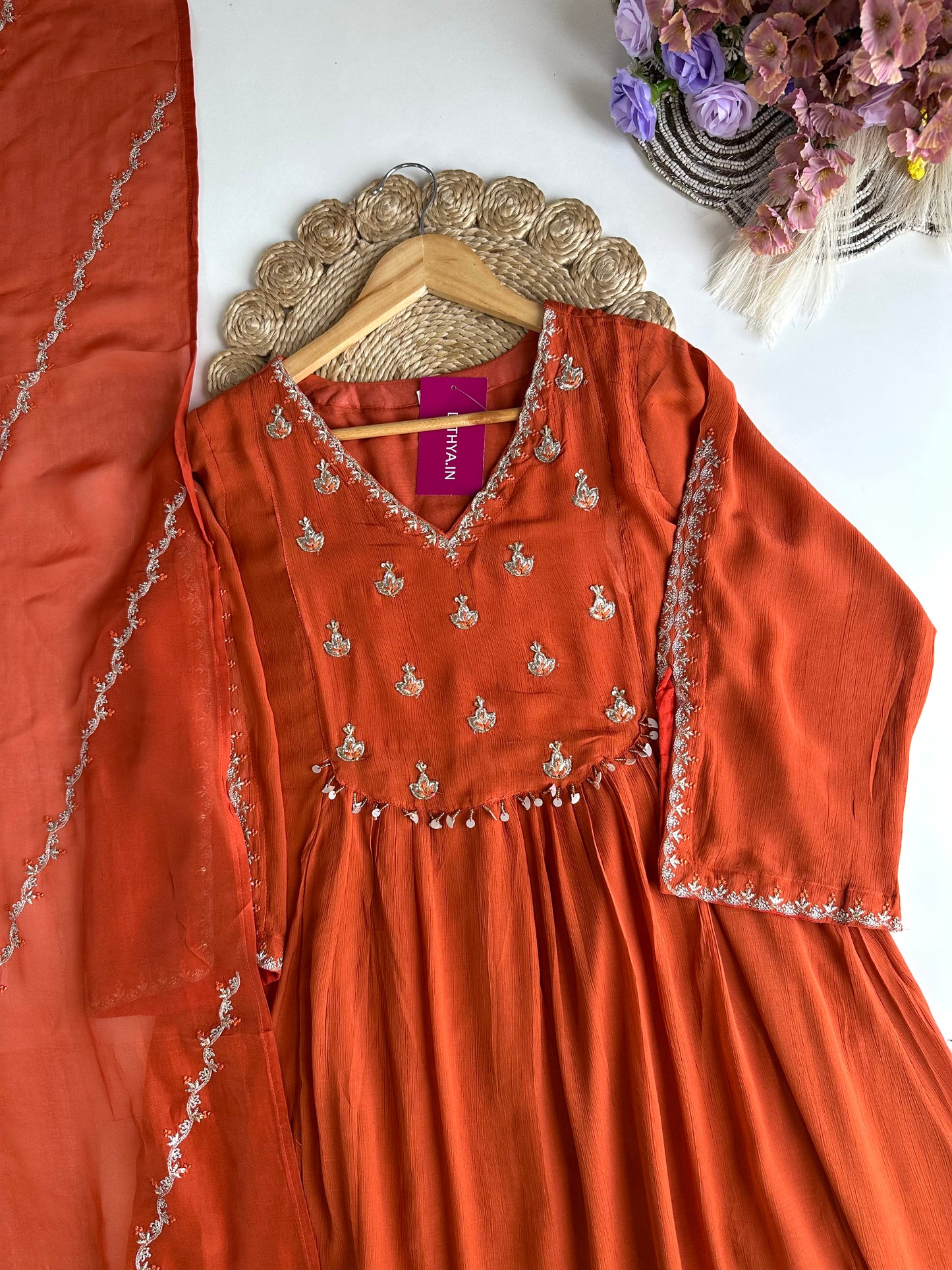 K453 - Chinnon handwork Anarkali with pants and dupatta