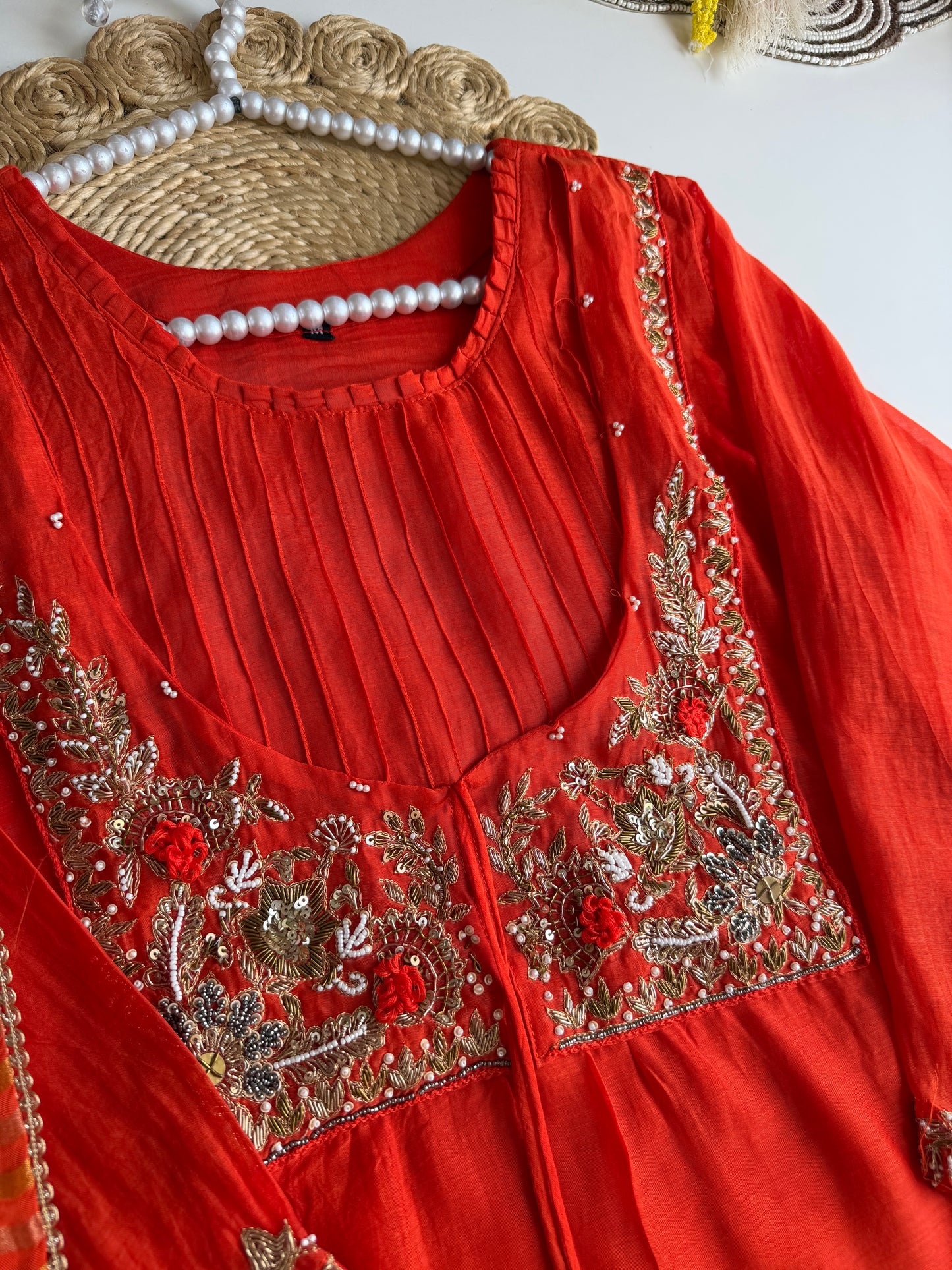 K521 - Mul chanderi Handwork aline Kurti with pants and dupatta
