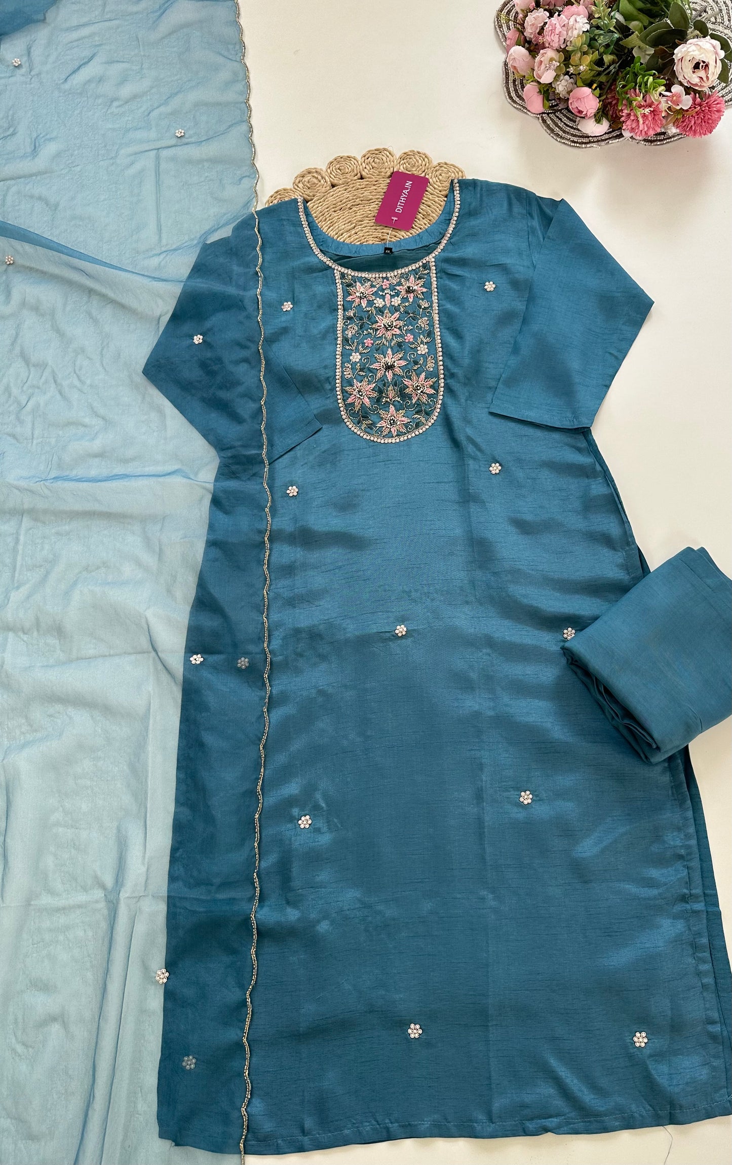K231-Dola silk handwork straight Kurti with pants and dupatta in 2 colours