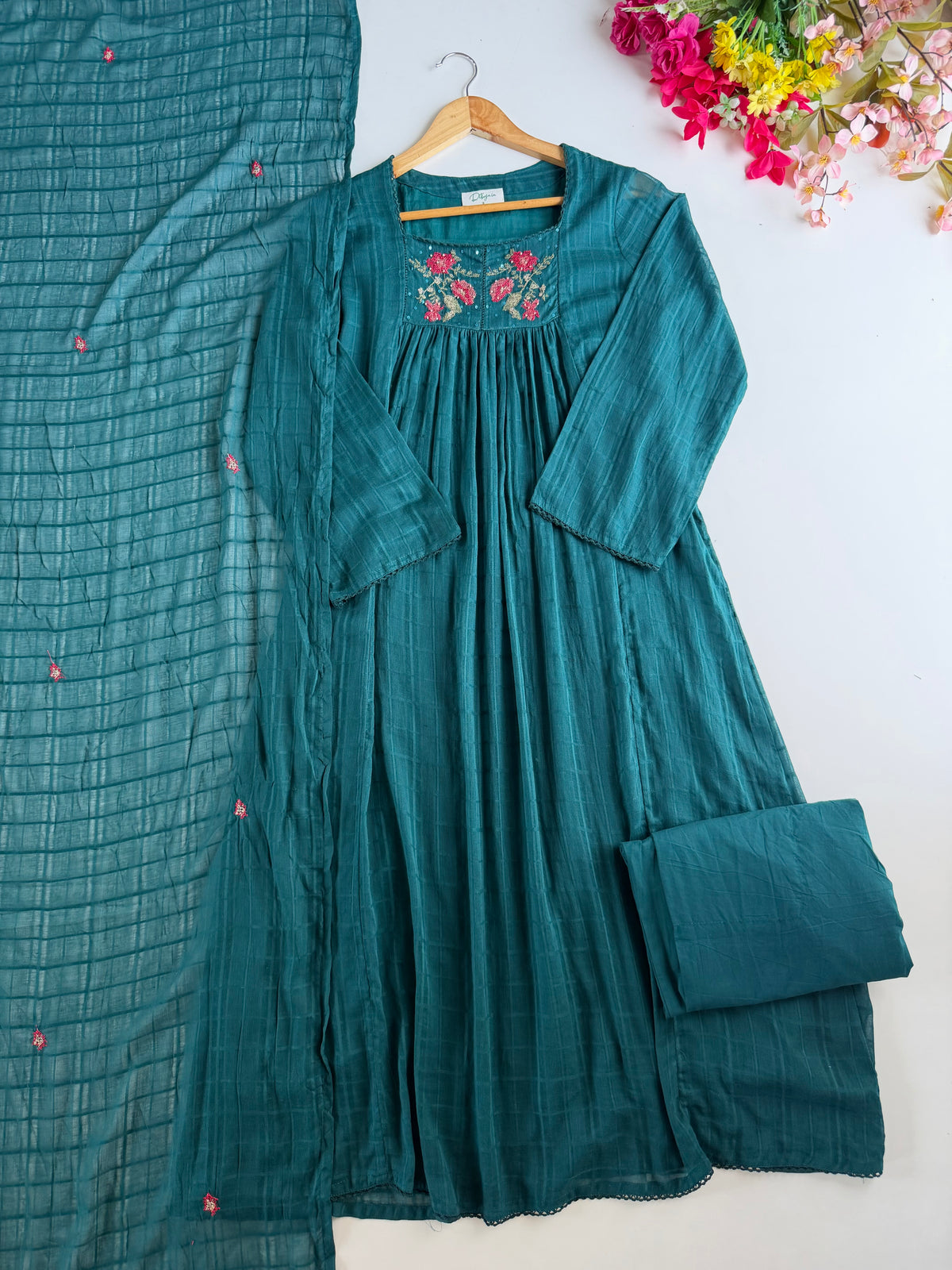 K086 - Kota doriya embroidered Anarkali with pants and dupatta