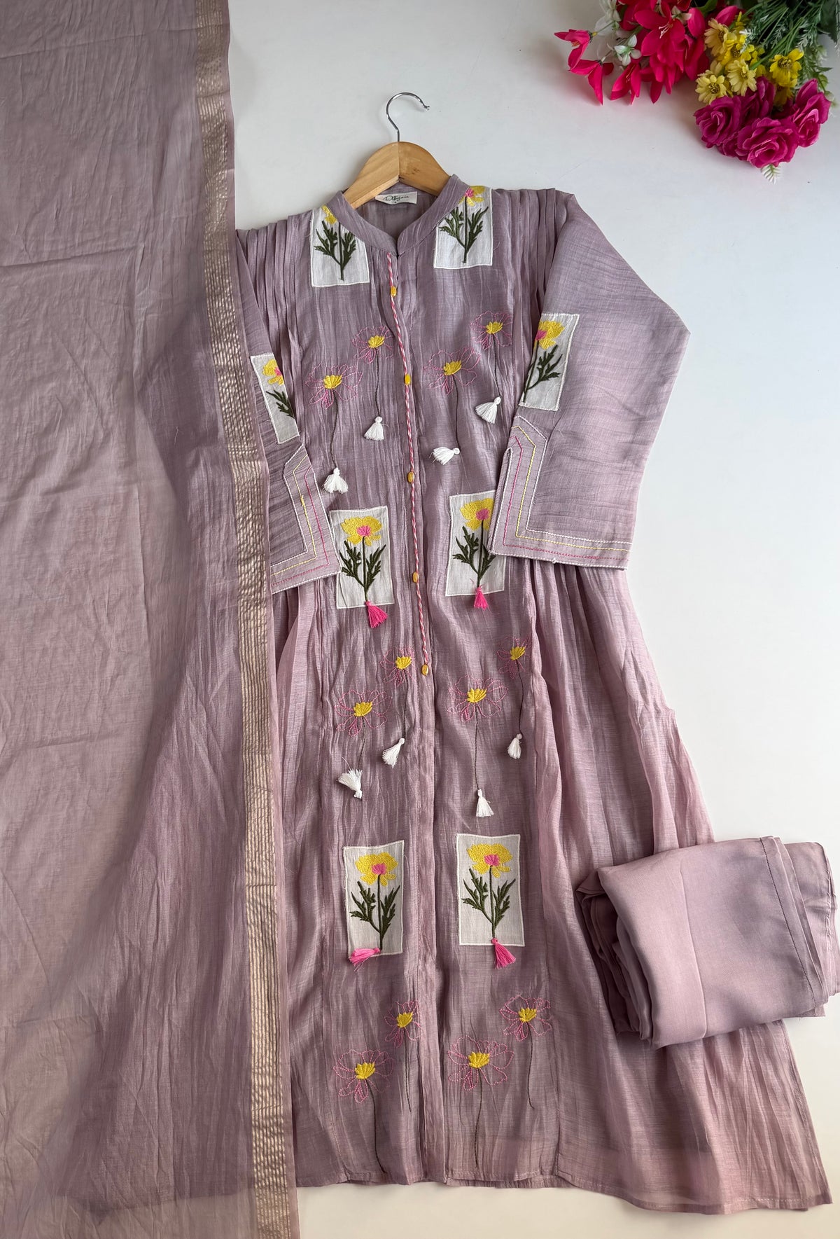 K631 - Mul chanderi appliqué embroidered Aline Kurti with pants and dupatta
