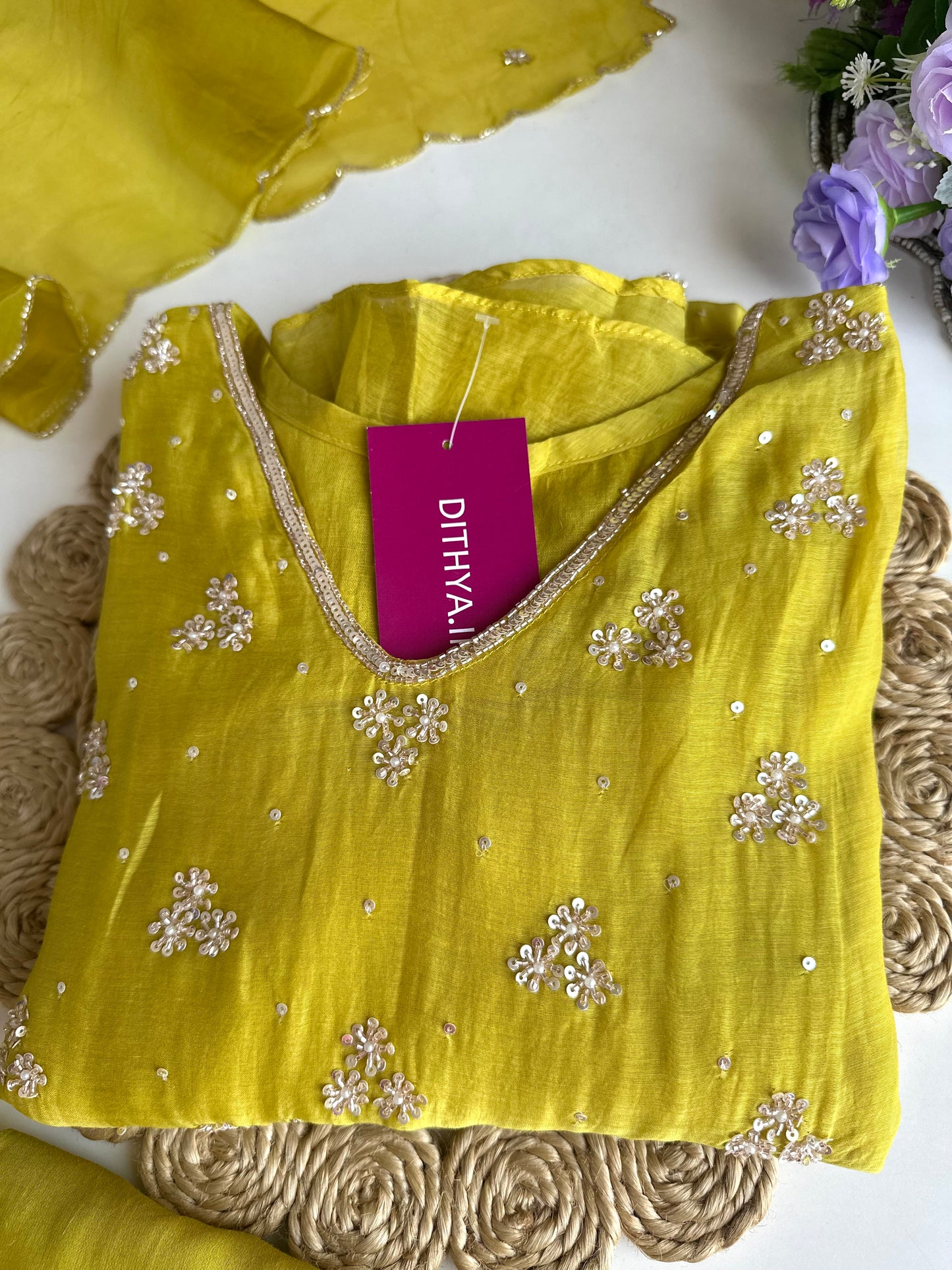 K097 - Mul Chanderi handwork Aline Kurti with pants and dupatta