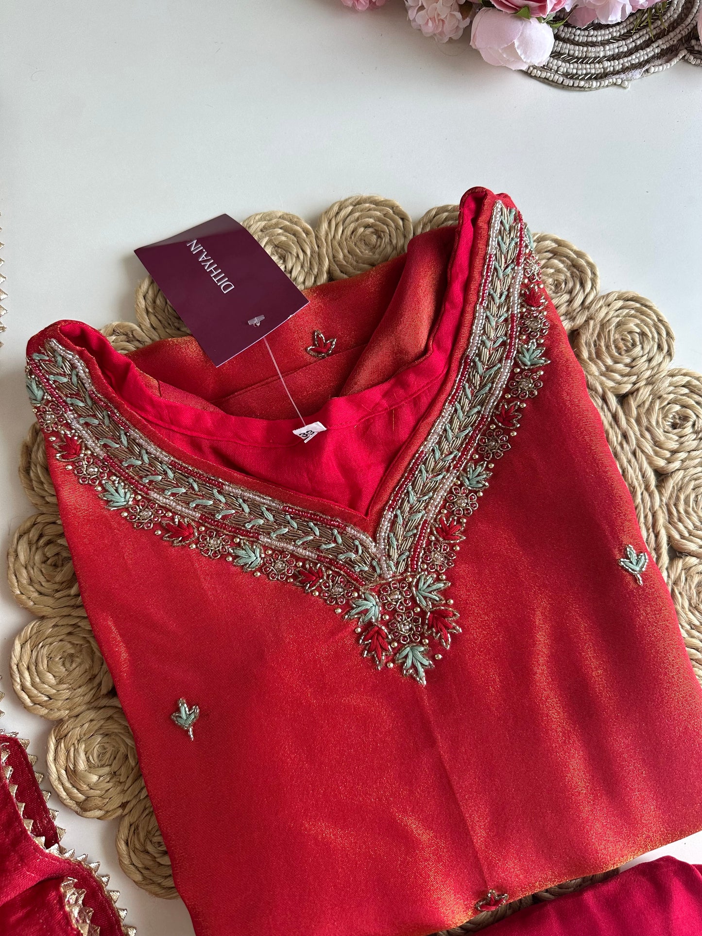 K013 - Tissue silk handwork straight Kurti with pants and dupatta