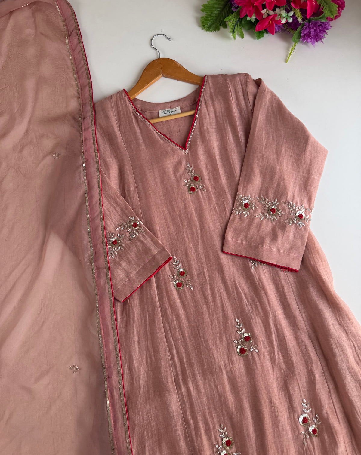 K484 - Mul chanderi handwork aline Kurti with pants and dupatta