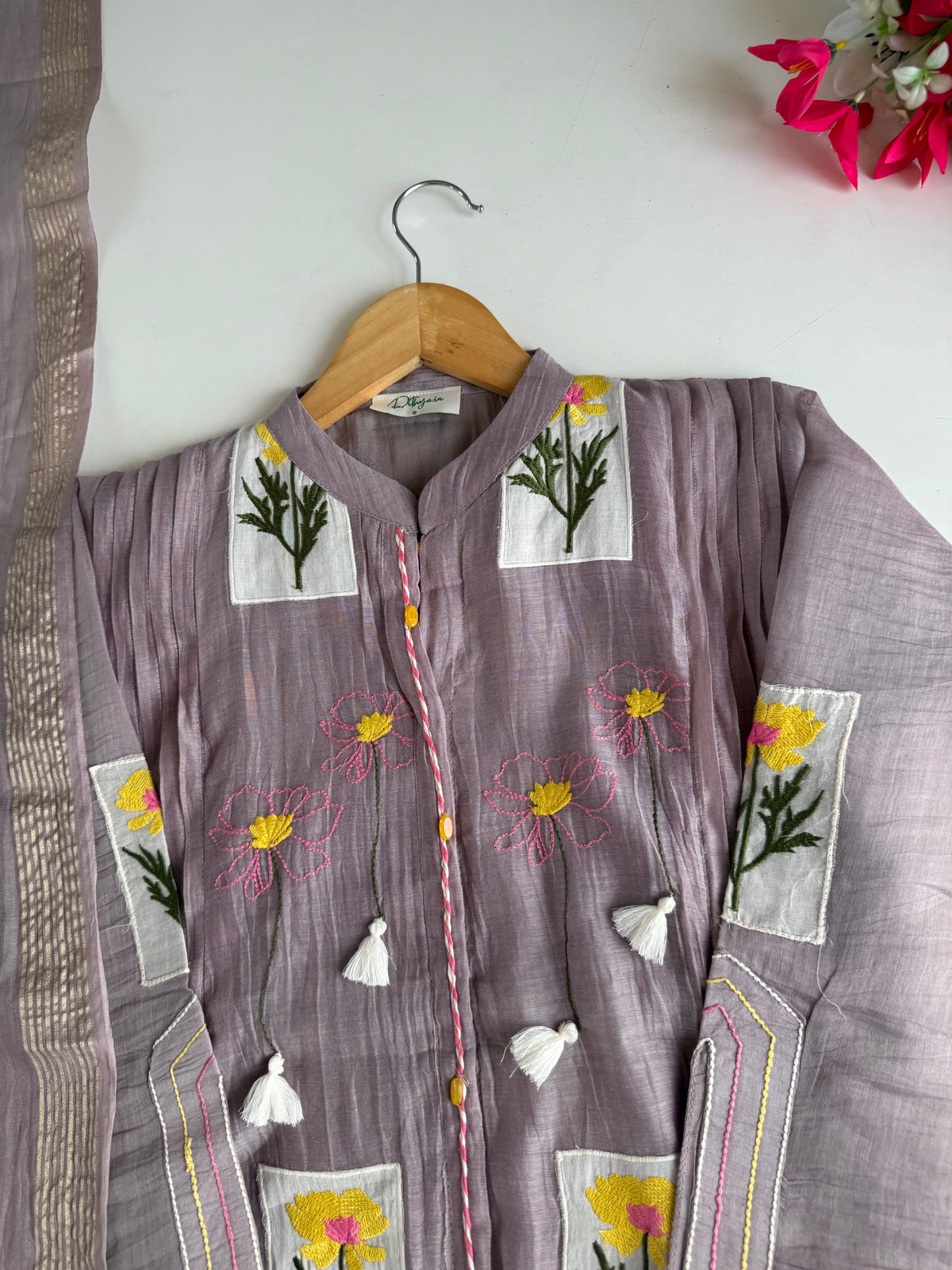 K631 - Mul chanderi appliqué embroidered Aline Kurti with pants and dupatta