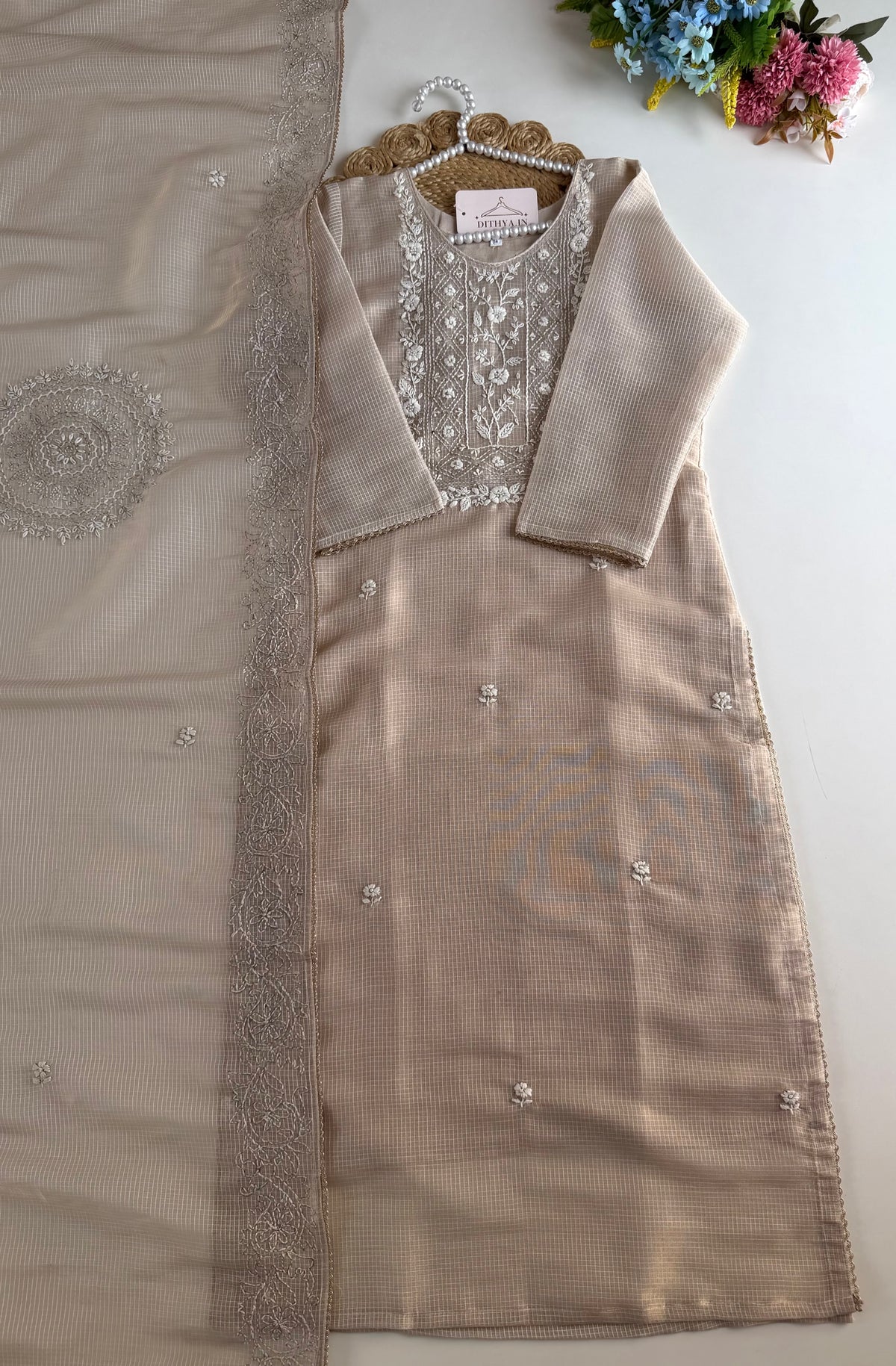 K107 - Chanderi tissue silk embroidered straight Kurti with pants and dupatta in 2 colours