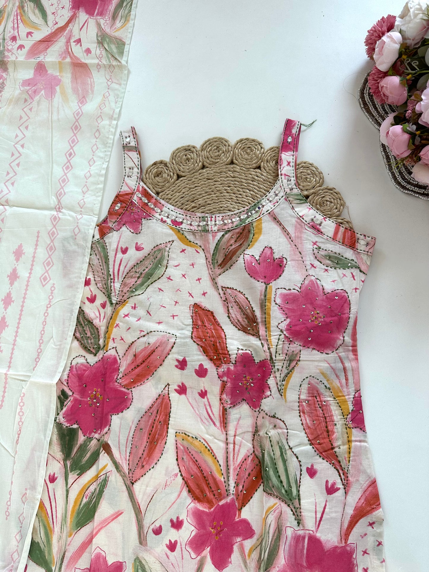 K250 - Cotton Strap handwork straight Kurti with pants and dupatta in 3 colours