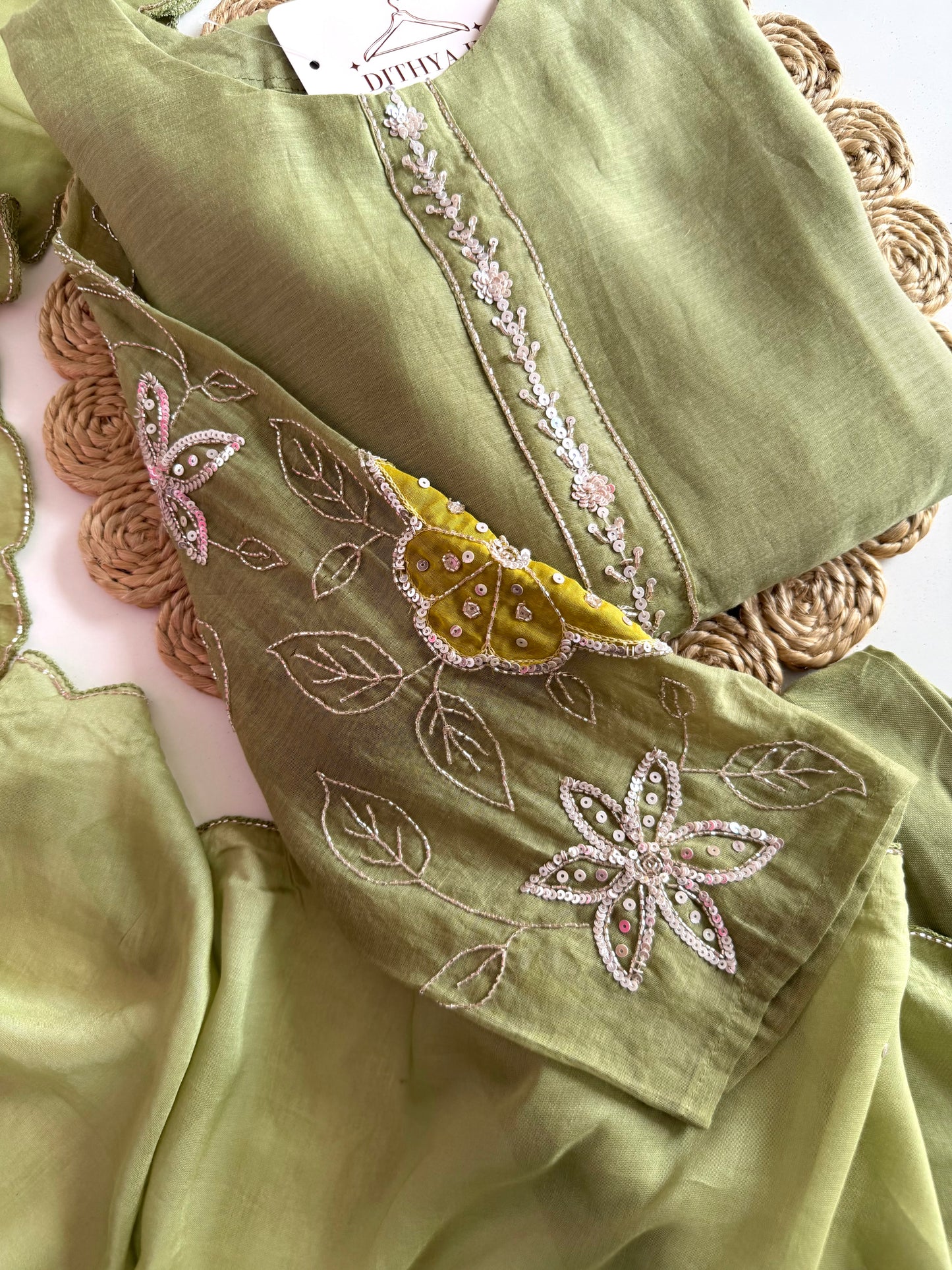 K181 - Mul chanderi handwork Aline Kurti with pants and dupatta in 2 colours