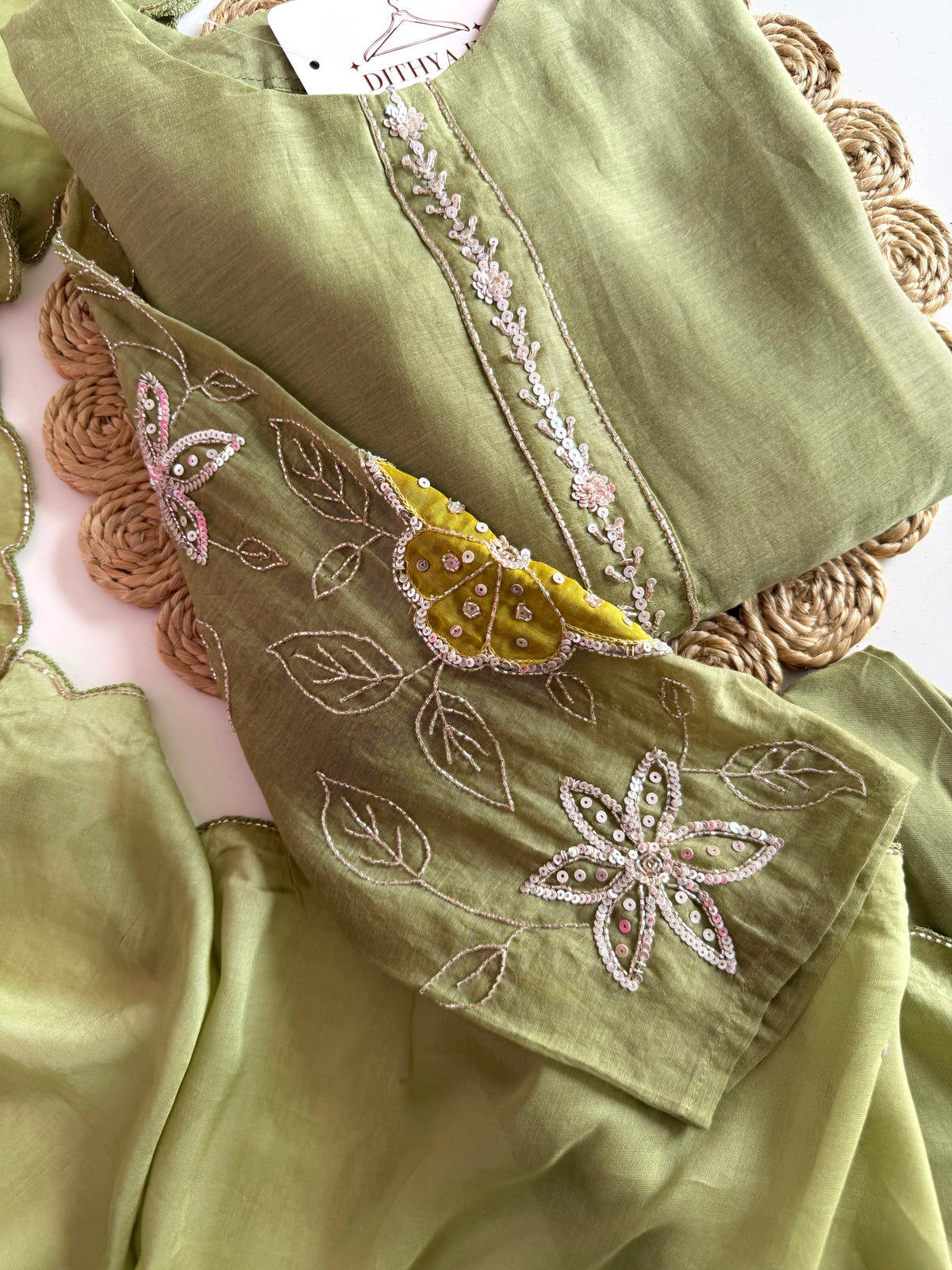 K181 - Mul chanderi handwork Aline Kurti with pants and dupatta in 2 colours