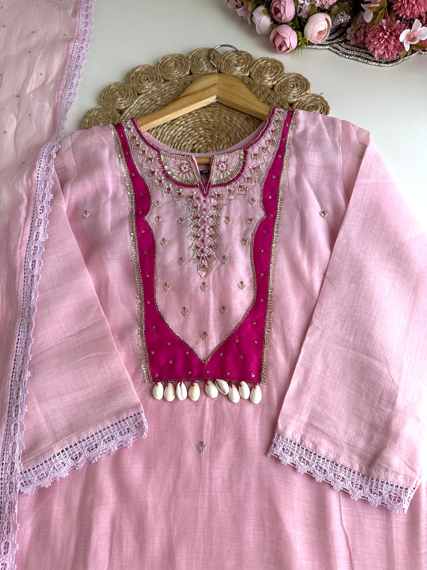 K297 - Mul Chanderi Aline handwork Kurti with pants and dupatta
