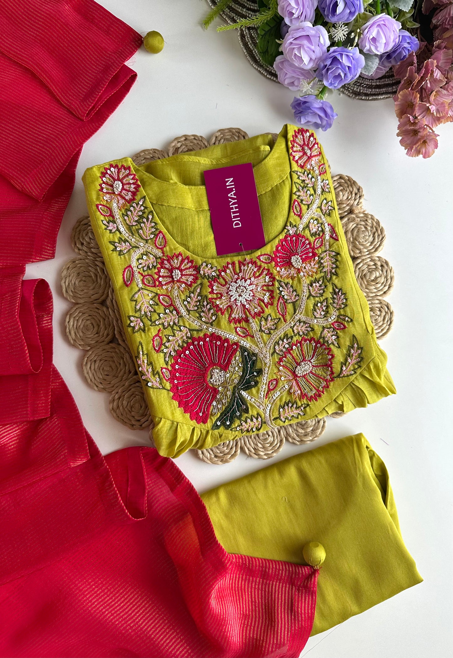 K148 - Mul Chanderi handwork Aline Kurti with pants and dupatta