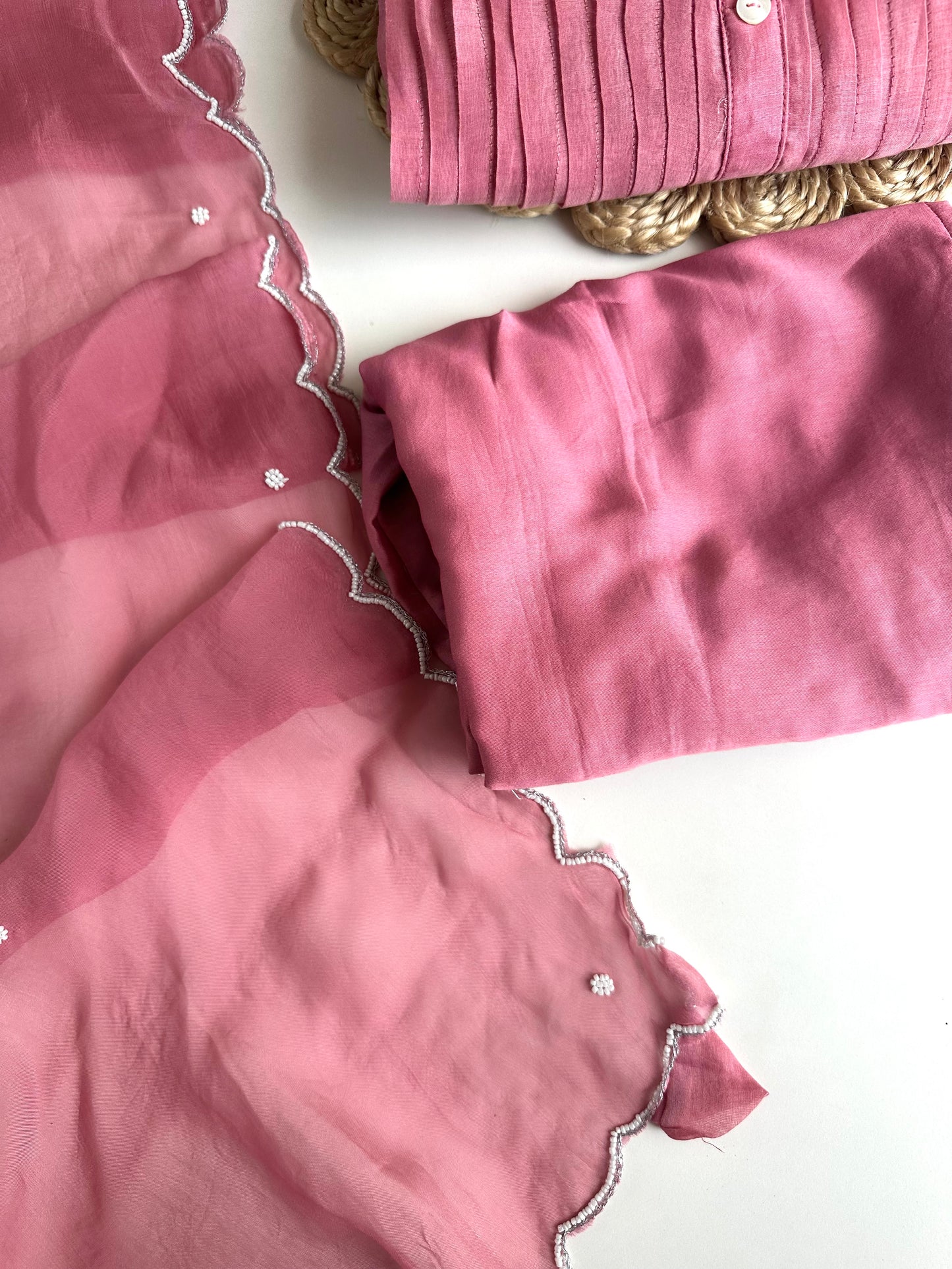 K018 - Mul Chanderi Handwork Aline Kurti with pants and dupatta