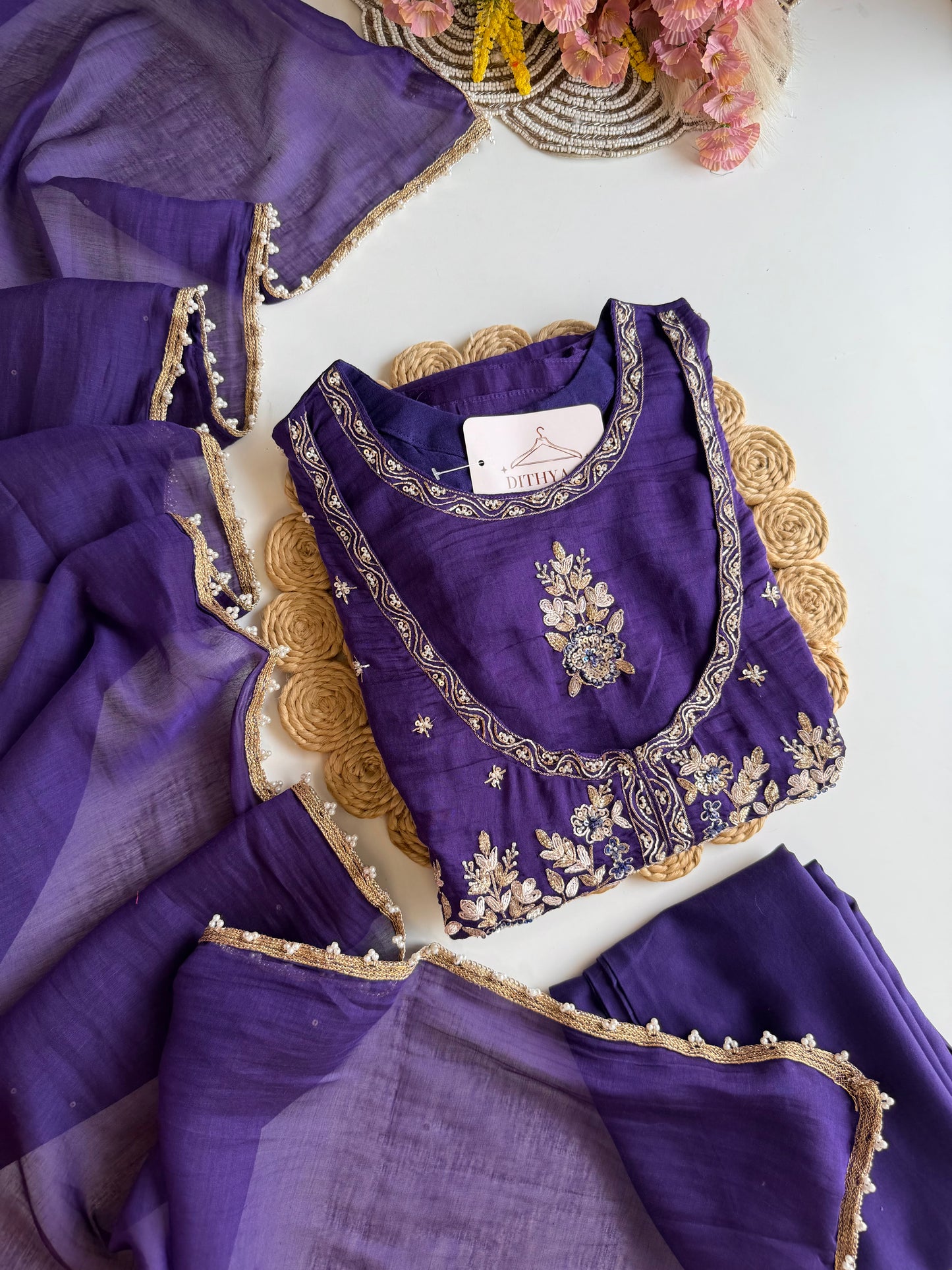 K076 - Mul Chanderi handwork Anarkali with side slit, straight pants and dupatta