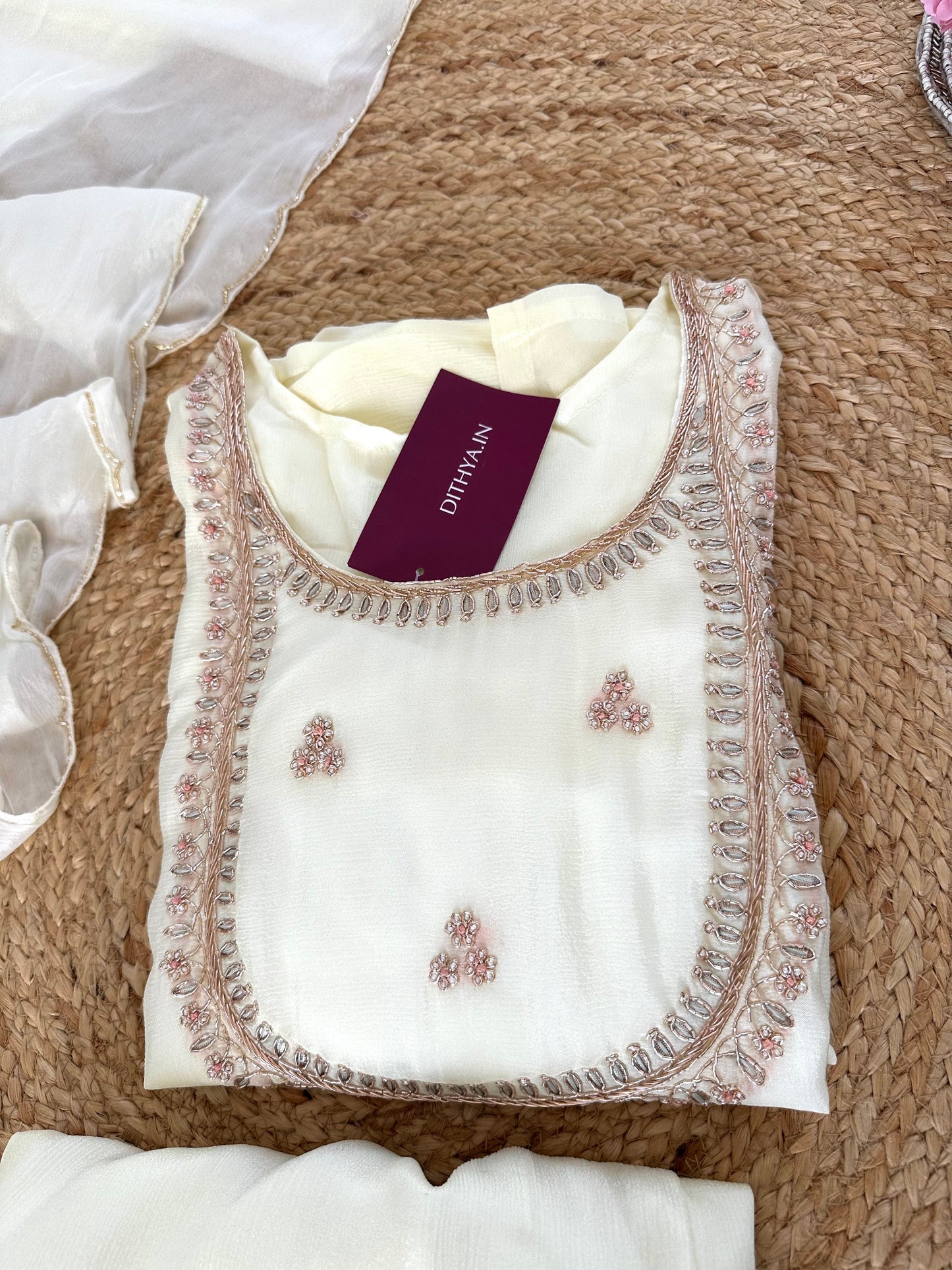 K159 - Chinnon Zardosi work straight kurti with pants and dupatta .