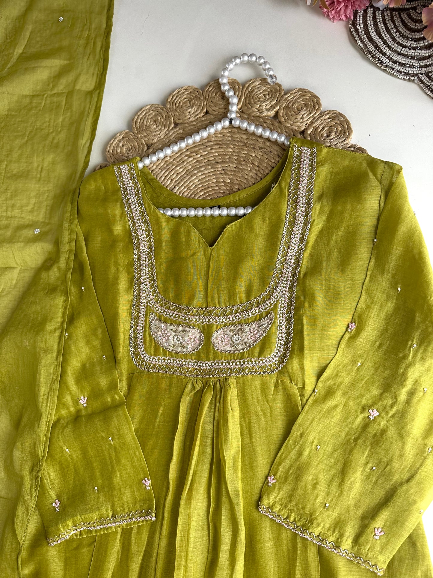 K450 - Mul Chanderi handwork Anarkali with pants and dupatta