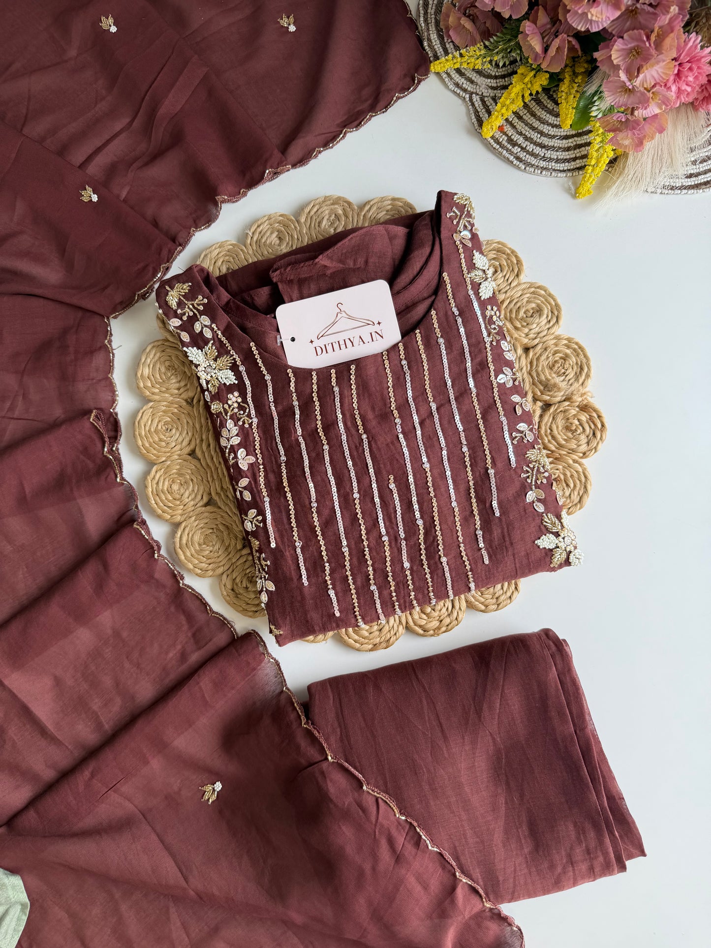 K443 - Mul chanderi handwork Aline Kurti with pants and dupatta