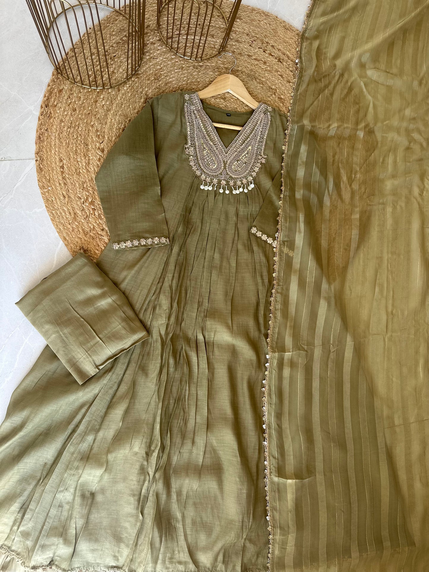 K093 - Mul Chanderi handwork Aline Kurti with pants and dupatta