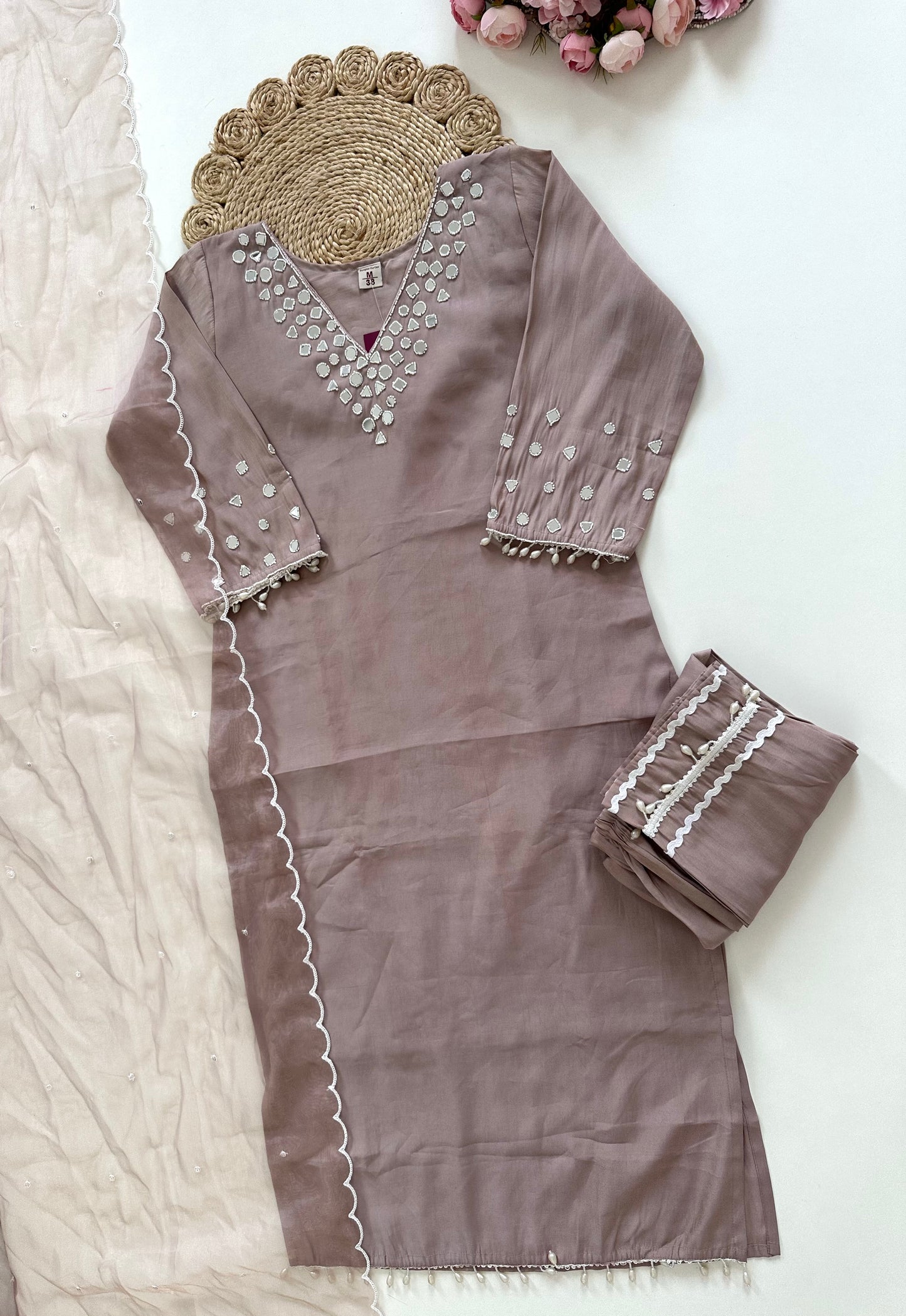 K209 - Shimmer silk mirror work straight Kurti with pants and dupatta in 3 colours