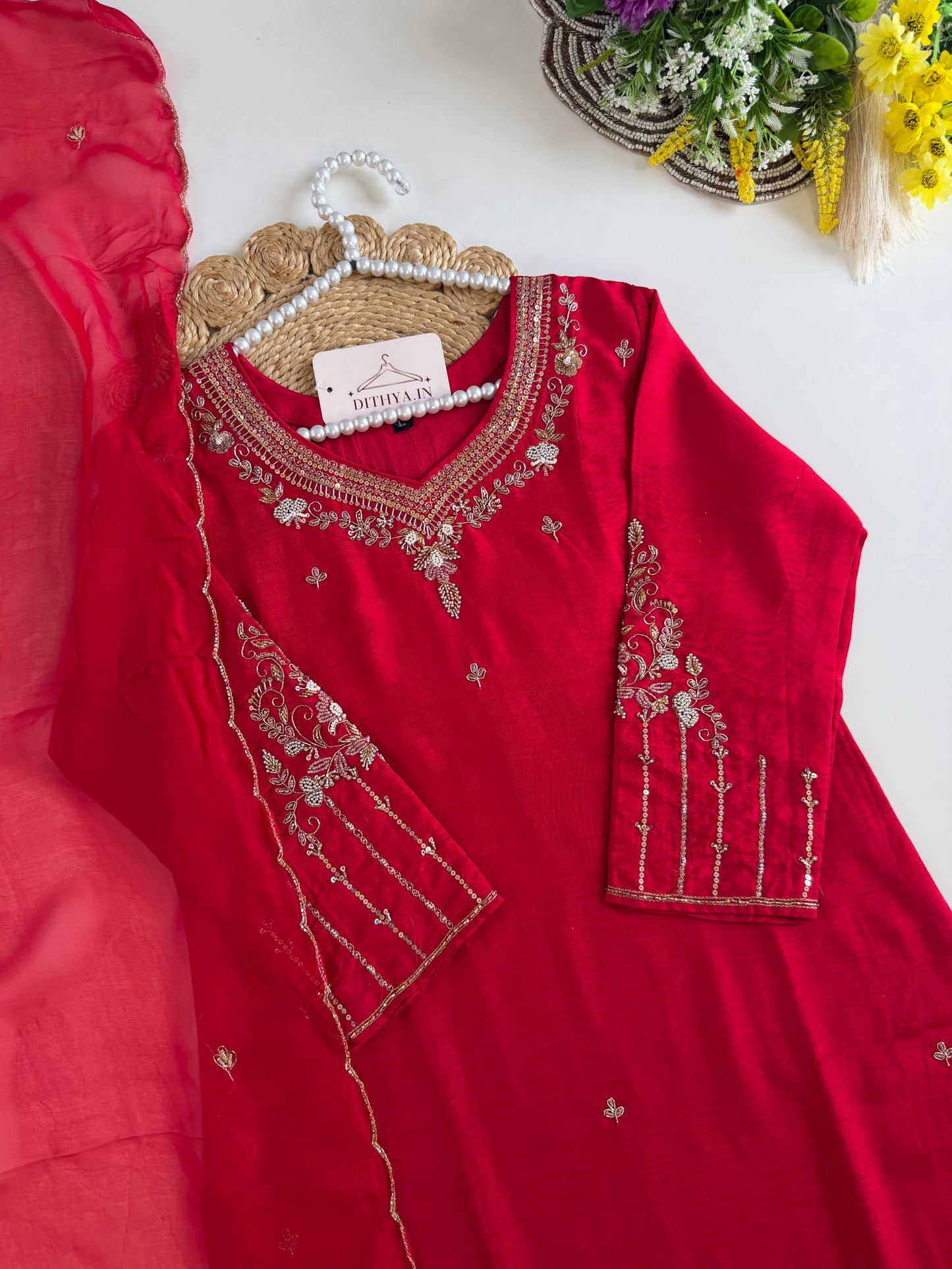 K552 - Russian silk handwork straight Kurti with pants and dupatta