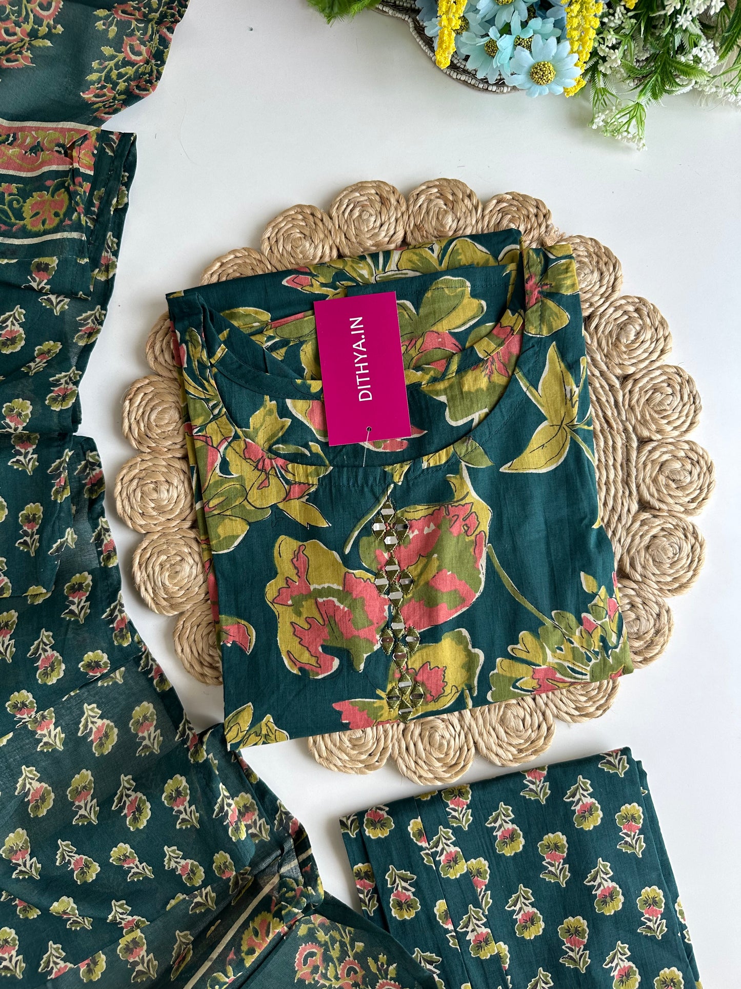 K071 - Cotton floral straight Kurti with pants and dupatta in 4 colours