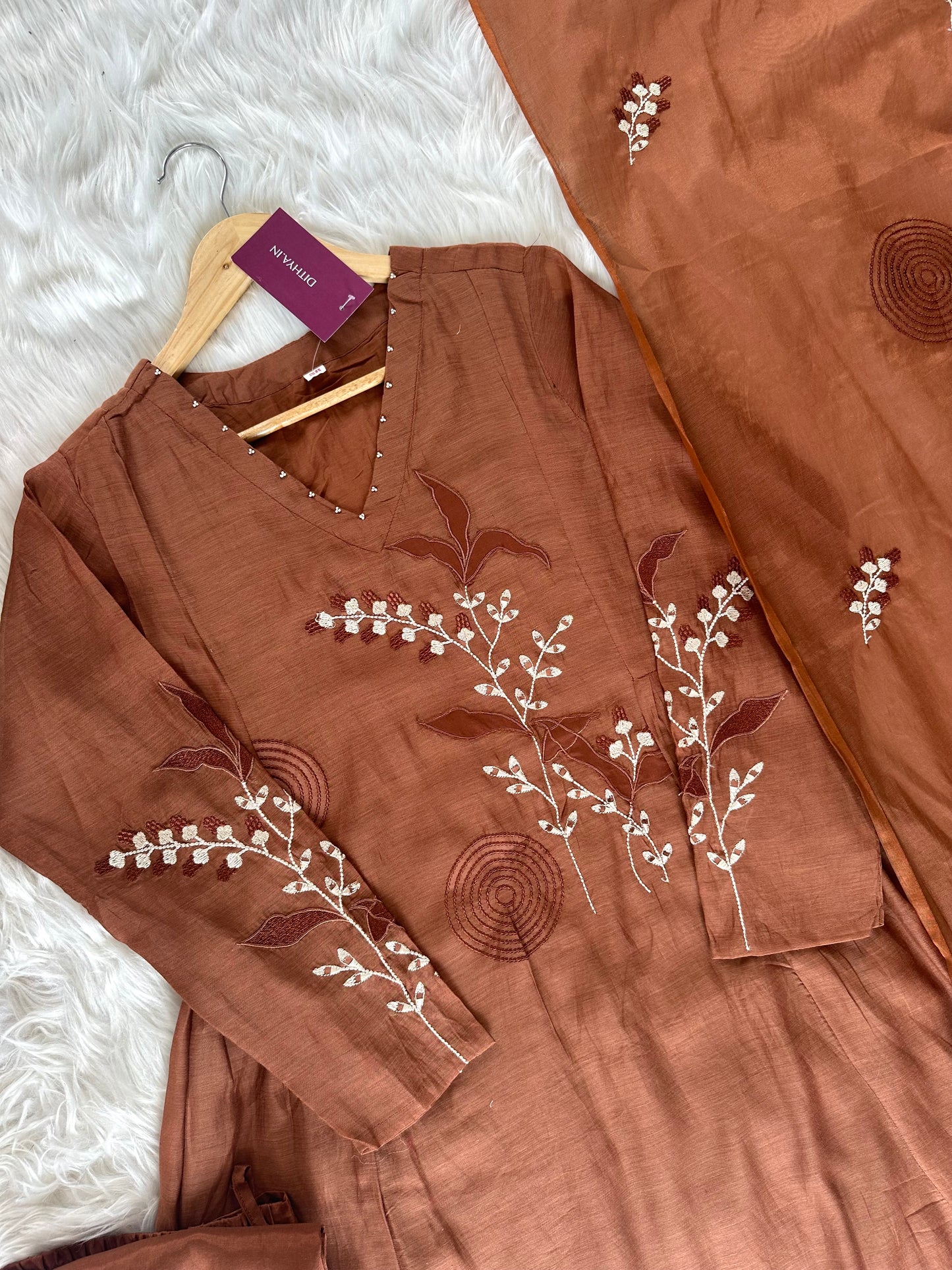 K210 - Mul Chanderi appliqué work Anarkali with pants and dupatta in 2 colours