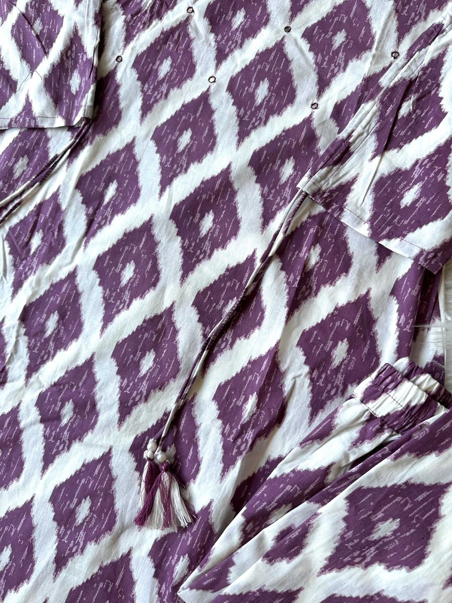 K214 - Mulmul cotton printed Aline Kurti with pants in 2 prints