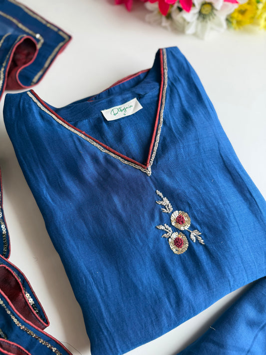 K444 - Mul chanderi handwork Aline Kurti with pants and dupatta